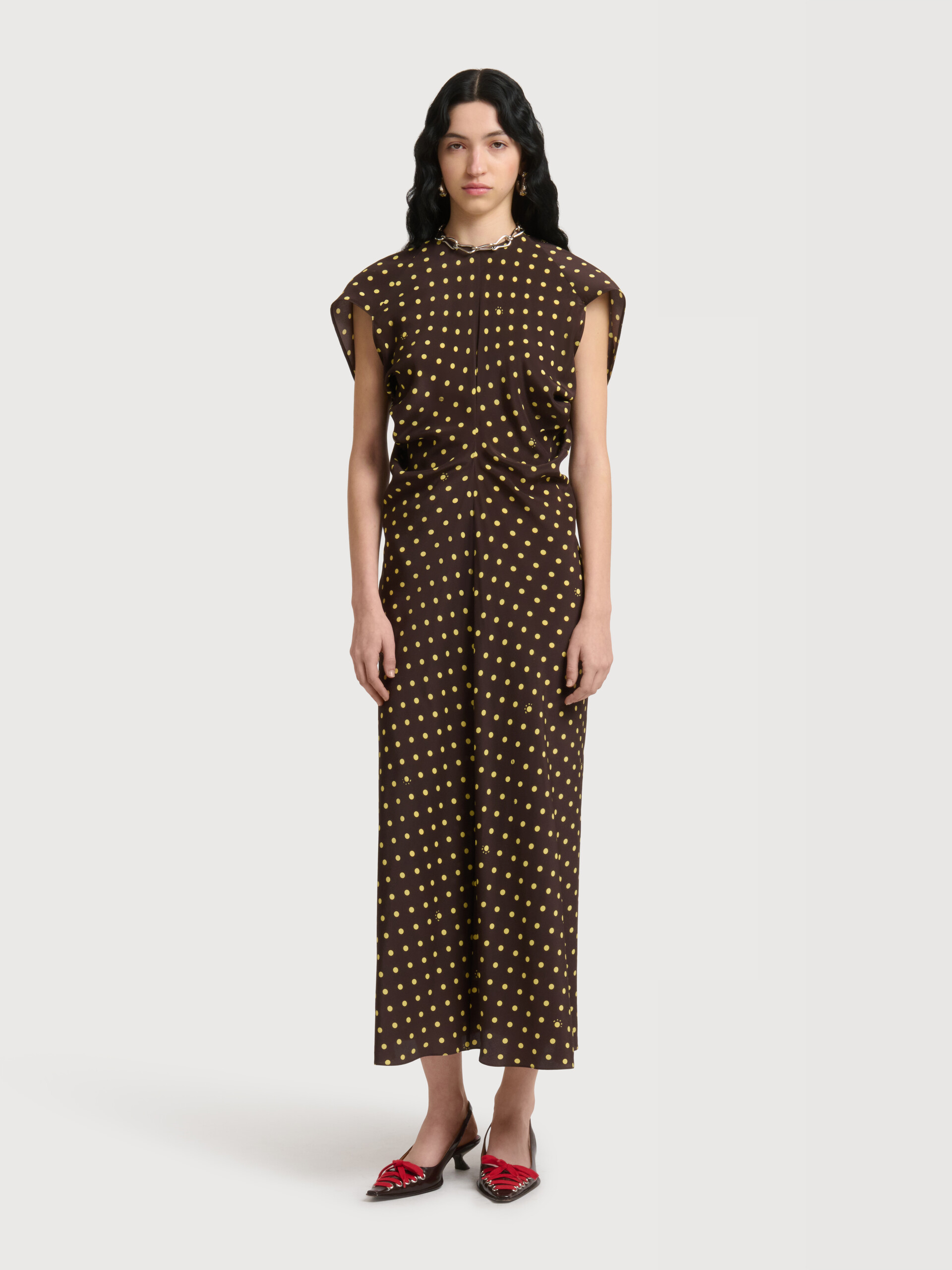 Brown cr&ecirc;pe de chine dress with Polka Rhythm print - Dresses - Image 2