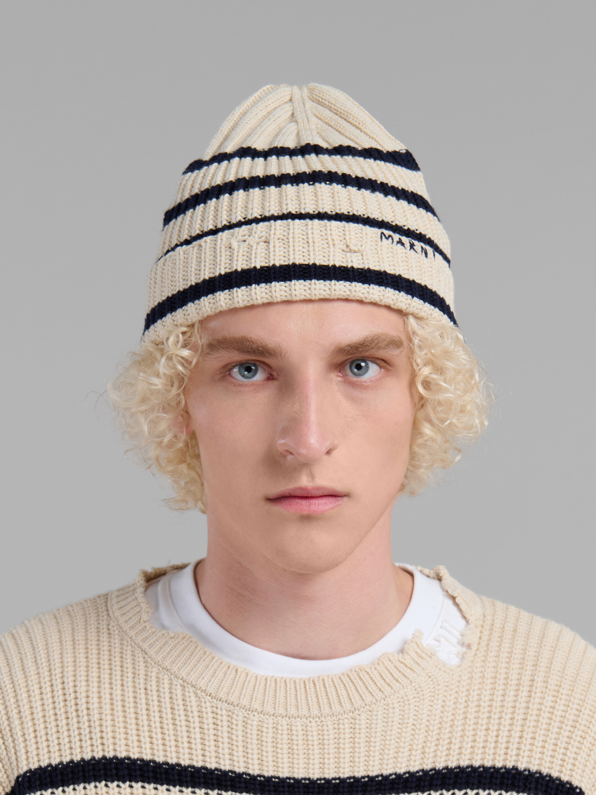 Navy ribbed wool beanie with sailor stripes - Hats - Image 2
