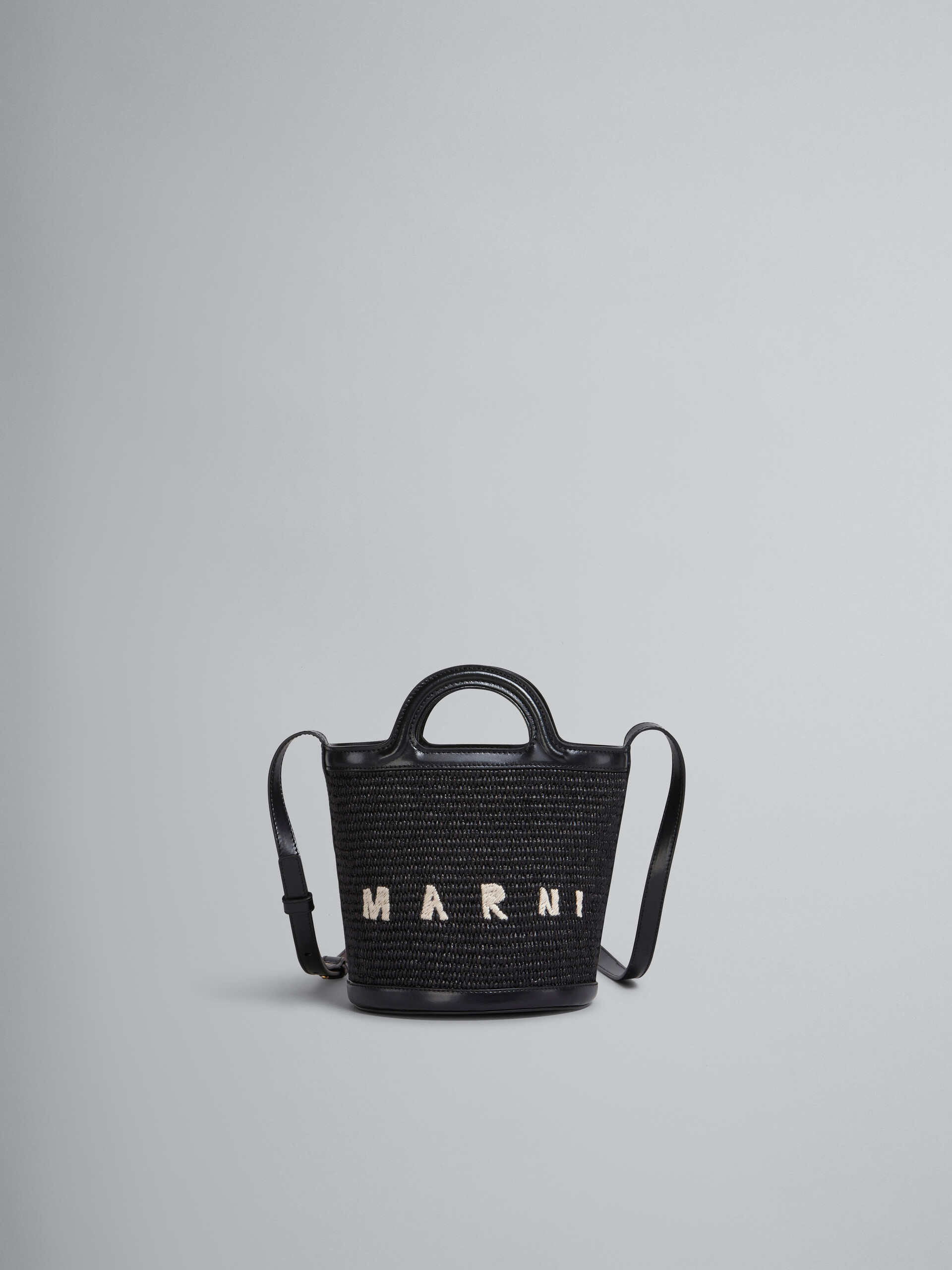 Tropicalia Small Bucket Bag in black leather and raffia - Shoulder Bag - Image 1