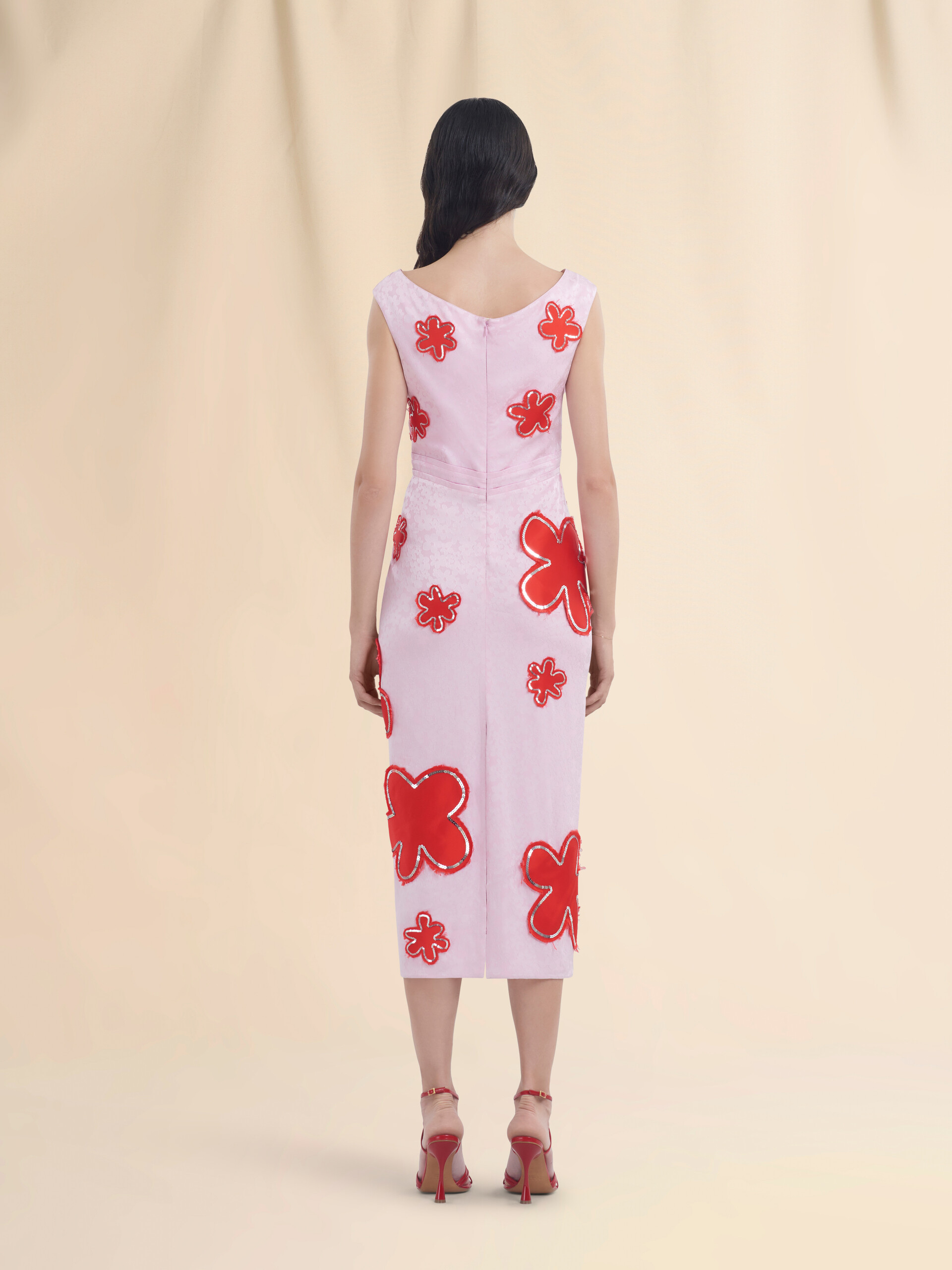 Pink silk jaquard dress with flower patches and sequins - Dresses - Image 3