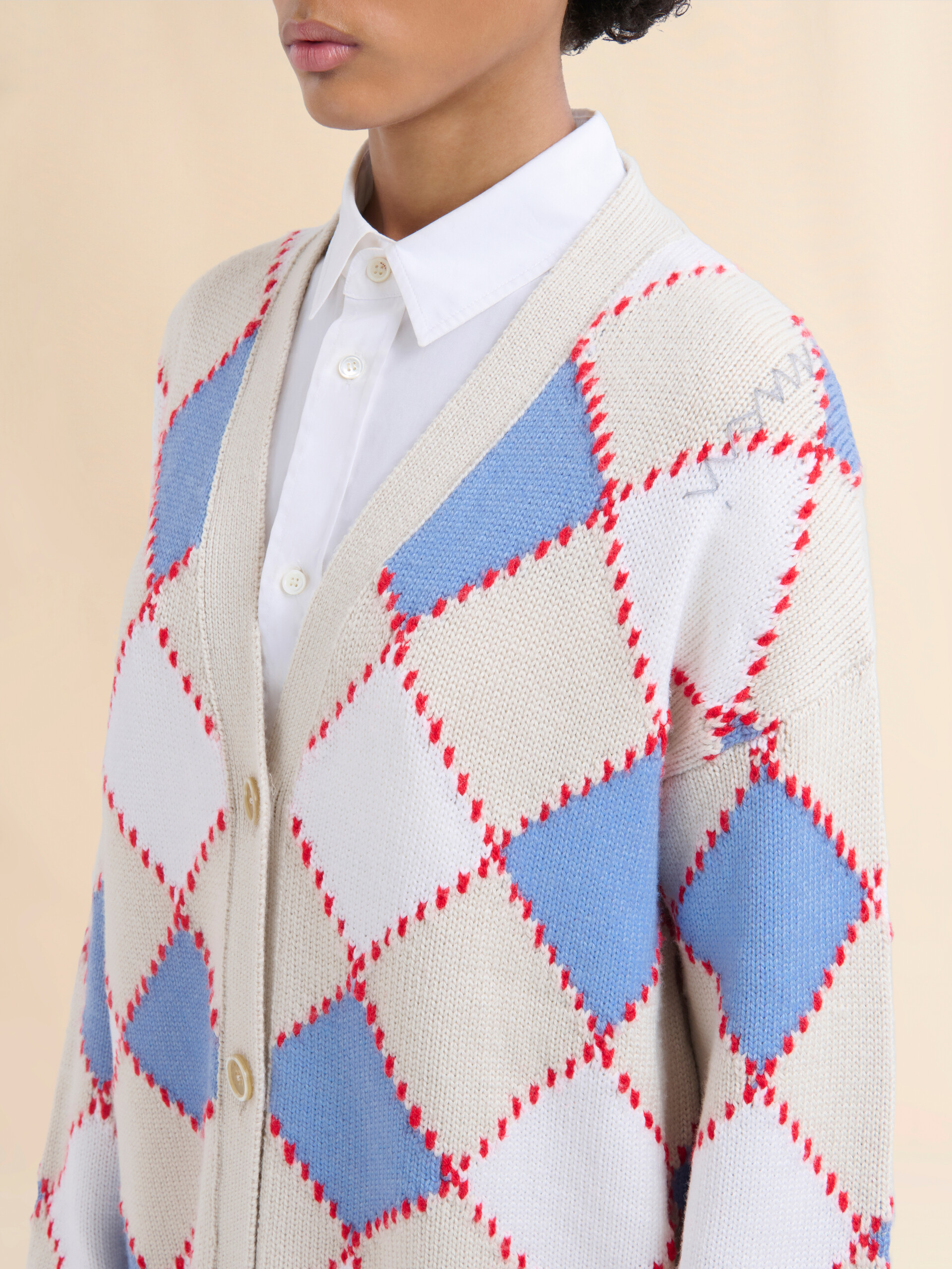 White wool argyle cardigan - Pullovers - Image 4