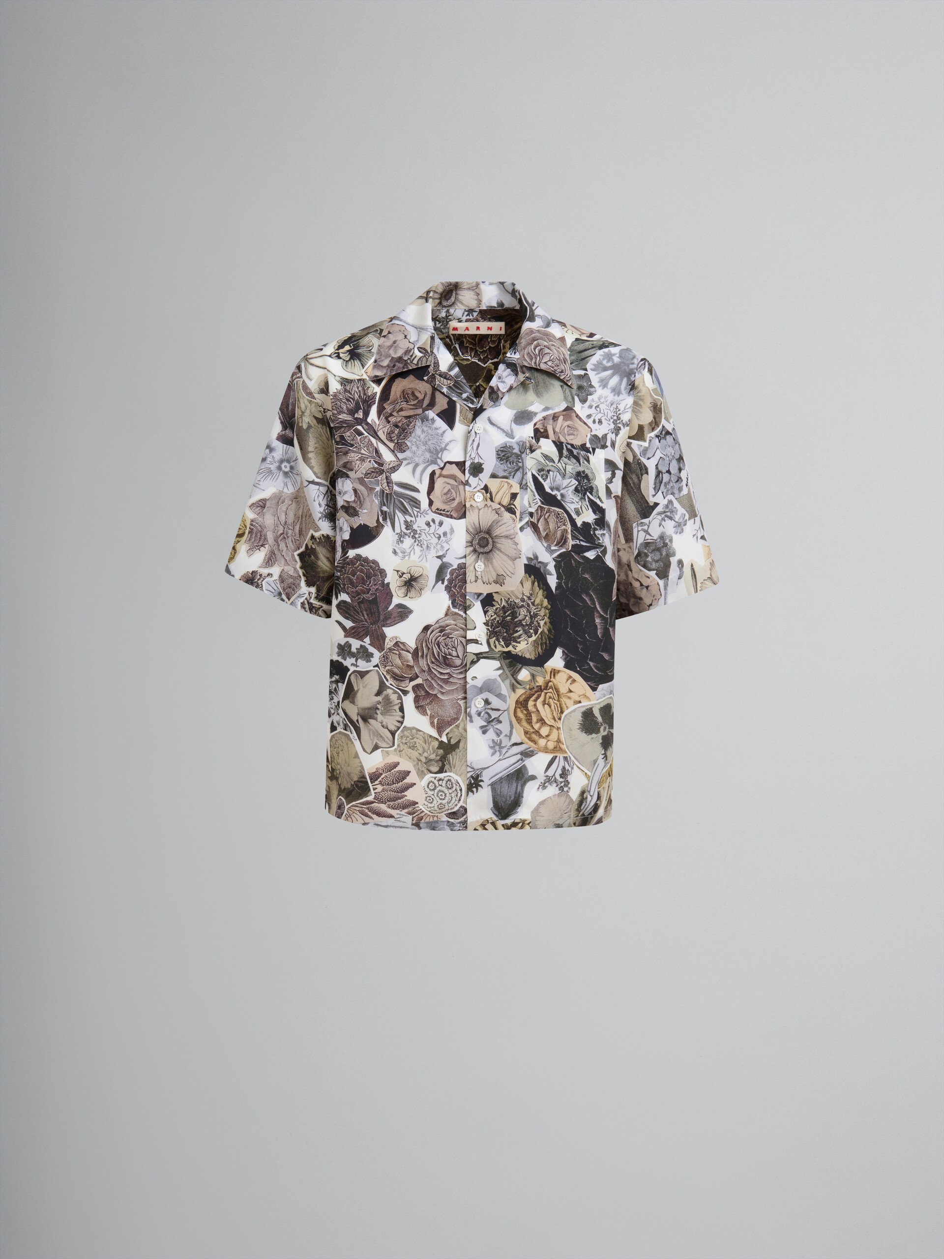 Black and white Habotai silk bowling shirt with Nocturnal print - Shirts - Image 1