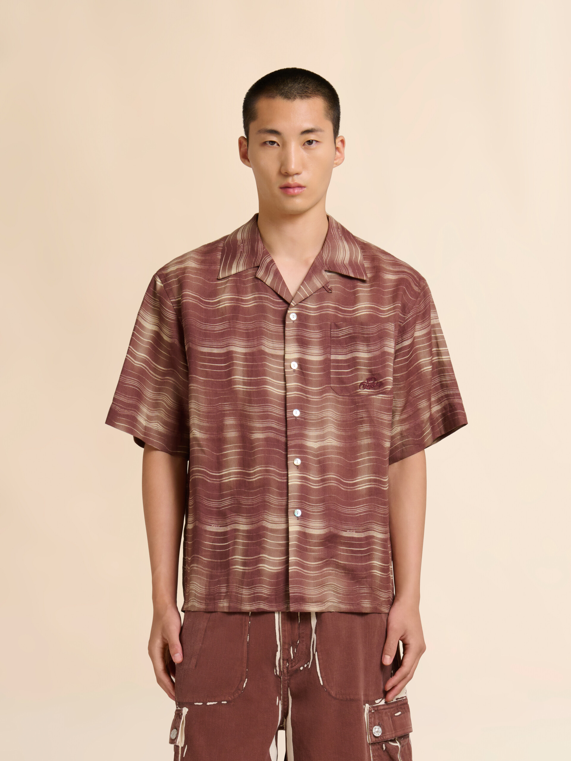 Brown ramie bowling shirt with Carousel print - Shirts - Image 2
