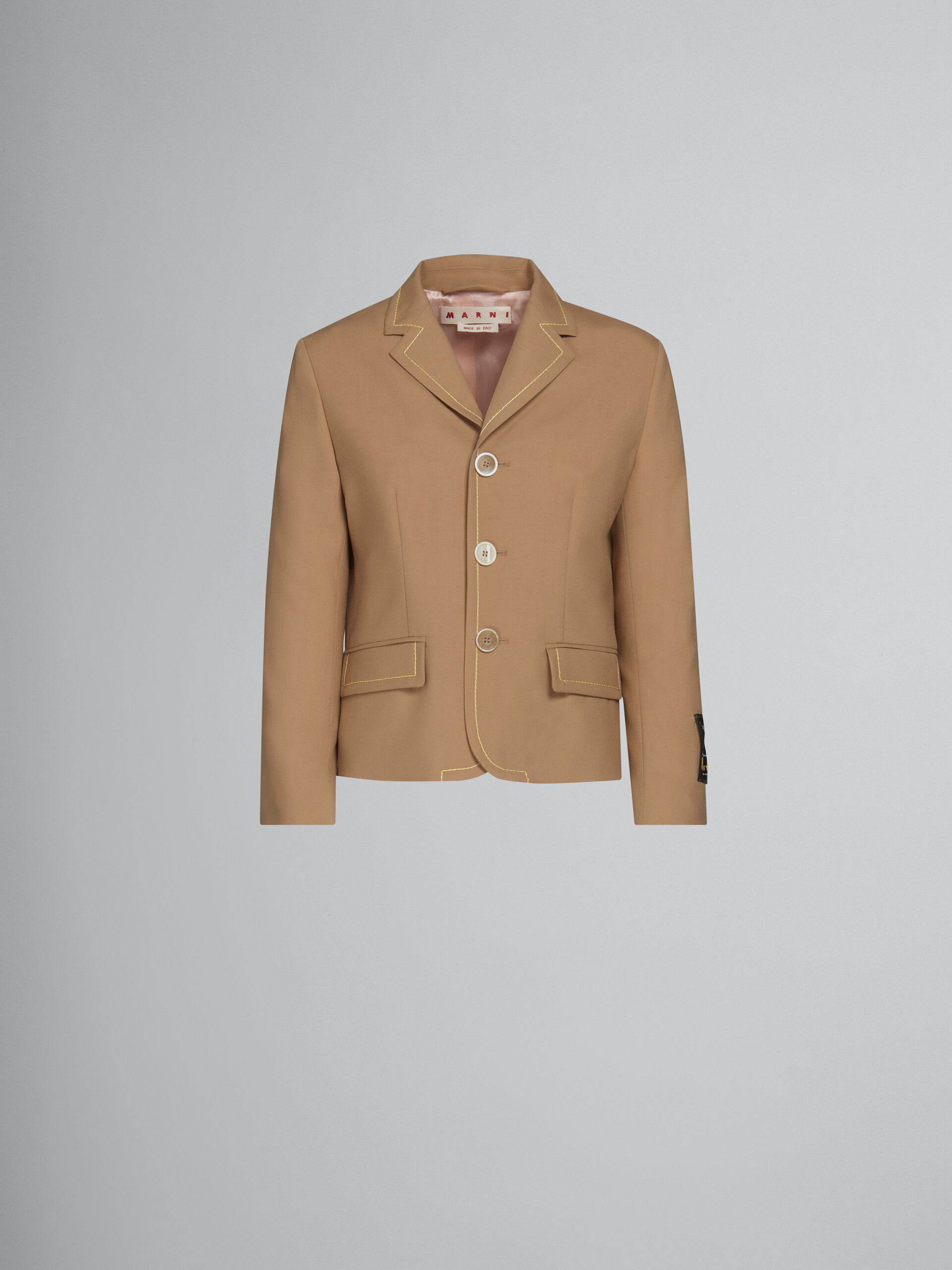 Veste en laine beige avec surpiqûres contrastantes - Manteaux - Image 1