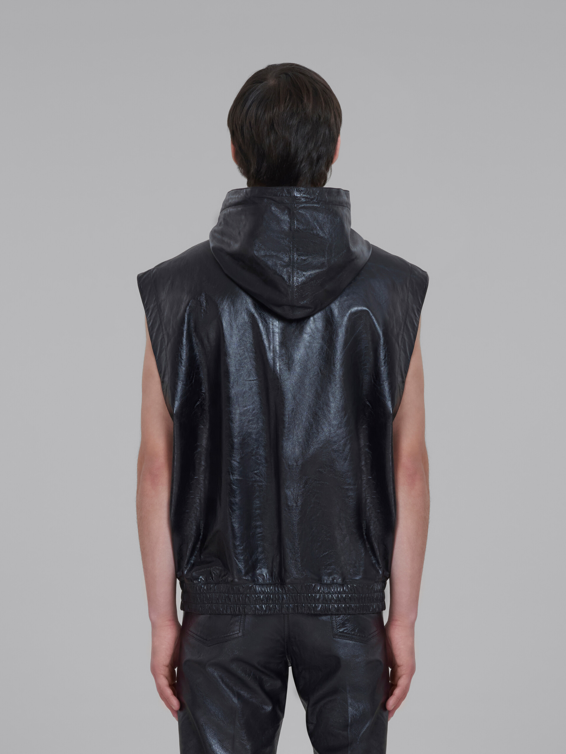 Black ultralight naplak leather vest with hood - Waistcoat - Image 3