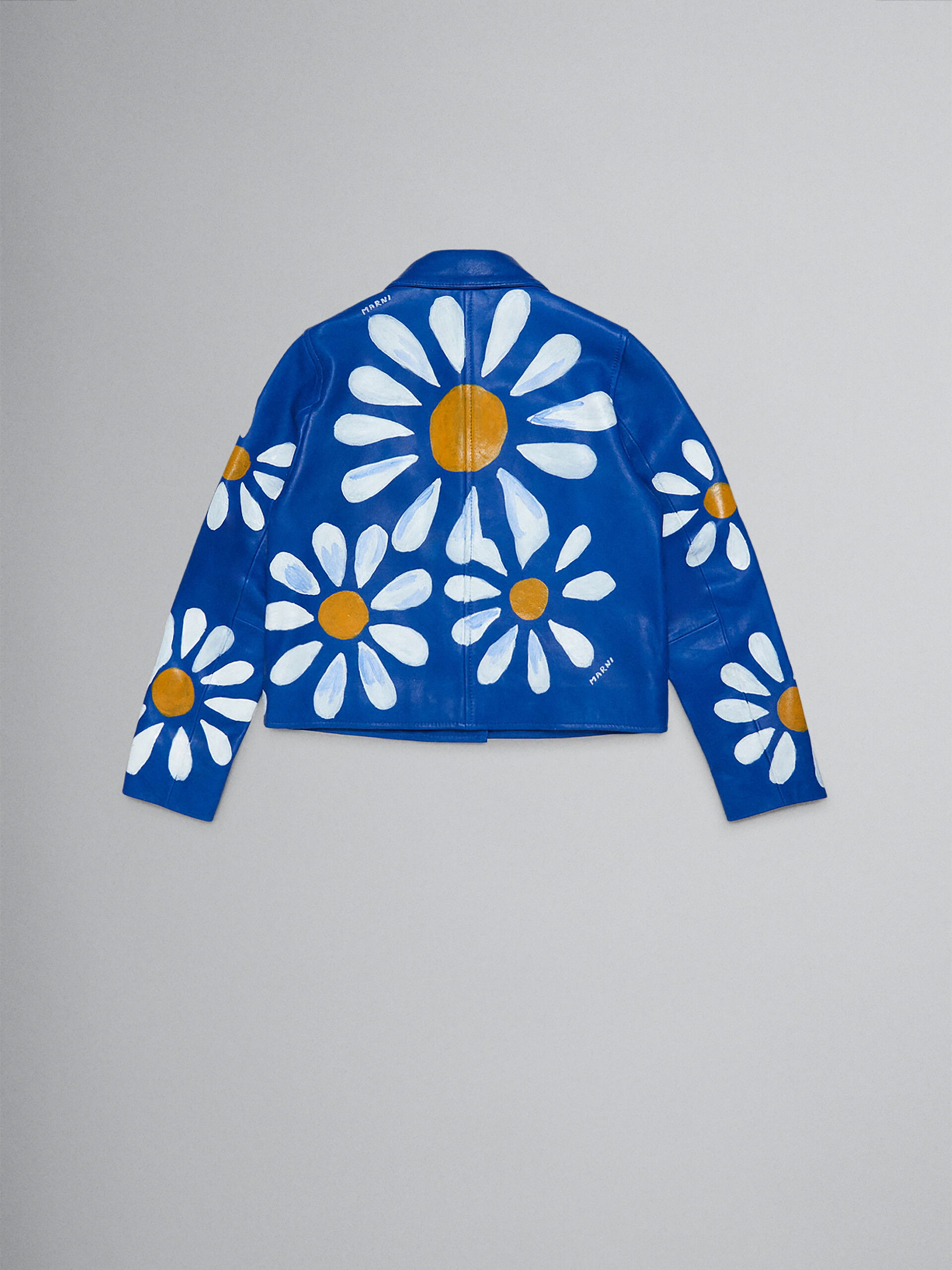 Veste en cuir véritable bleu avec motif marguerites peint à la main - Manteaux - Image 2