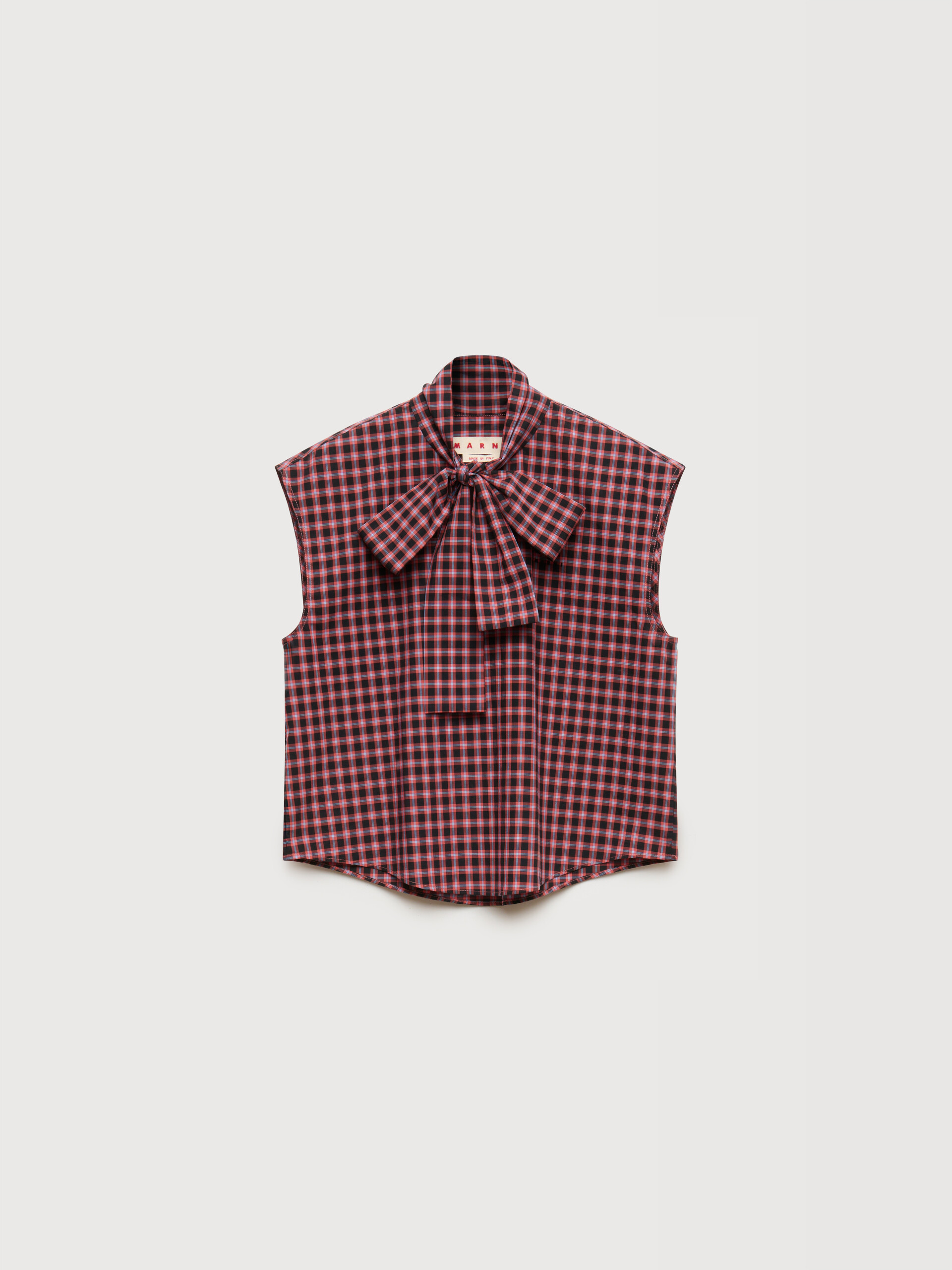 Red checked poplin sleeveless blouse with neck tie - Shirts - Image 1