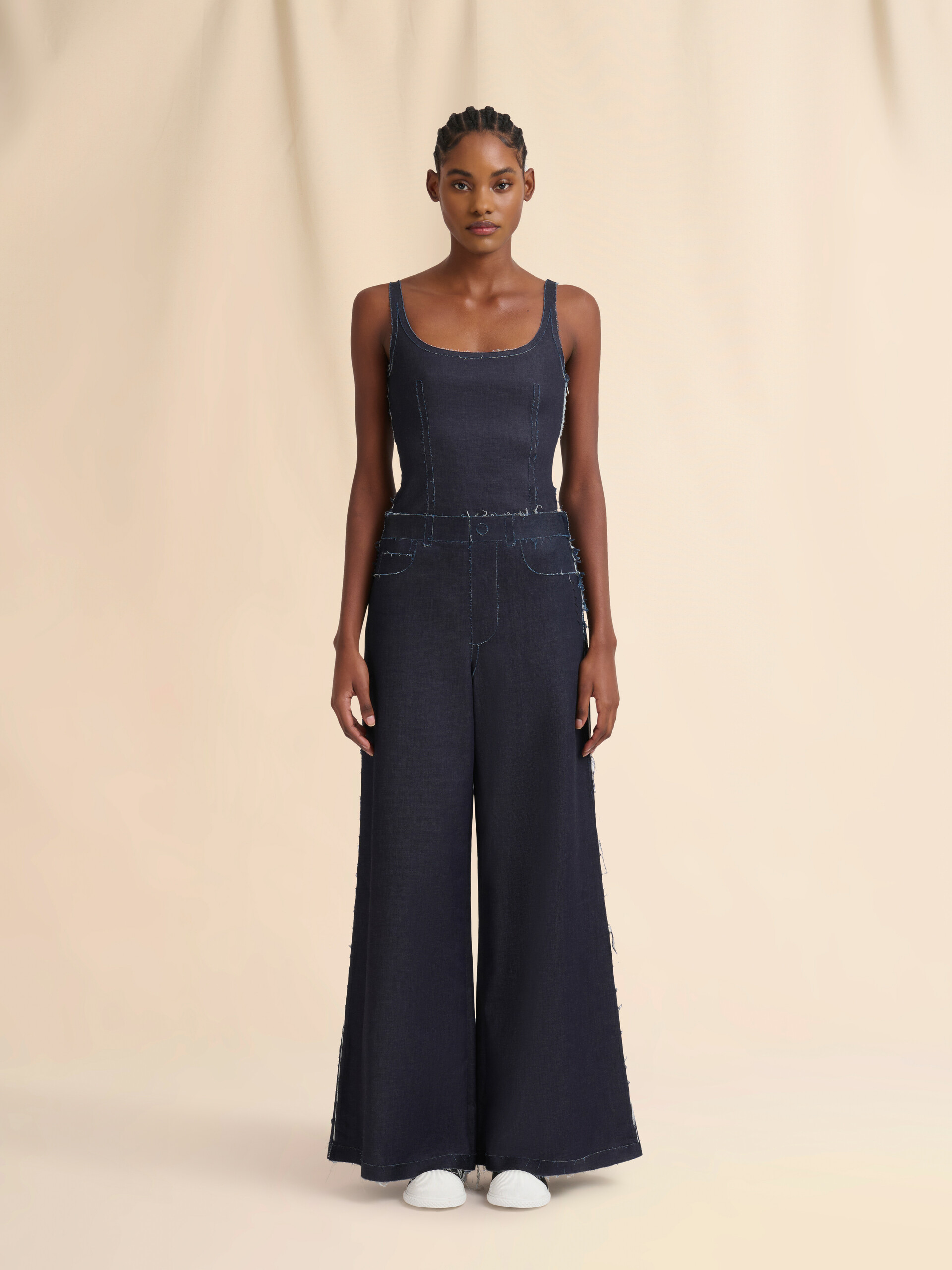 Deep blue stretch denim trompe l'oeil trousers - Pants - Image 2