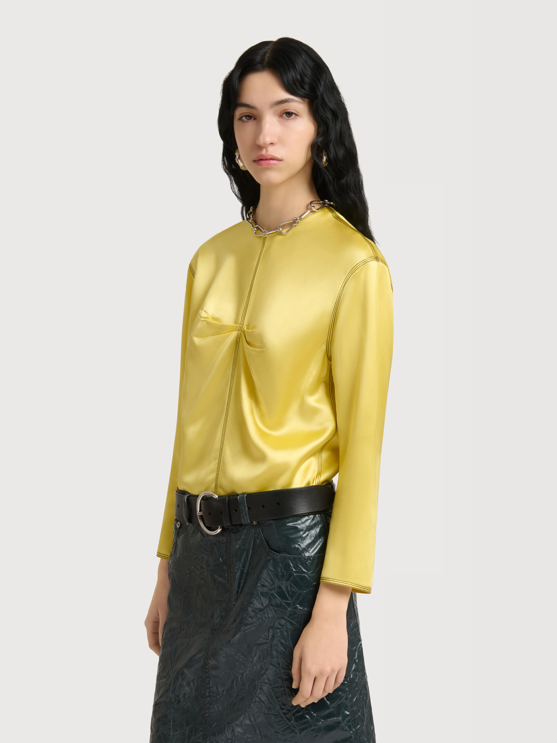 Yellow satin top with contrast stitching - Shirts - Image 3
