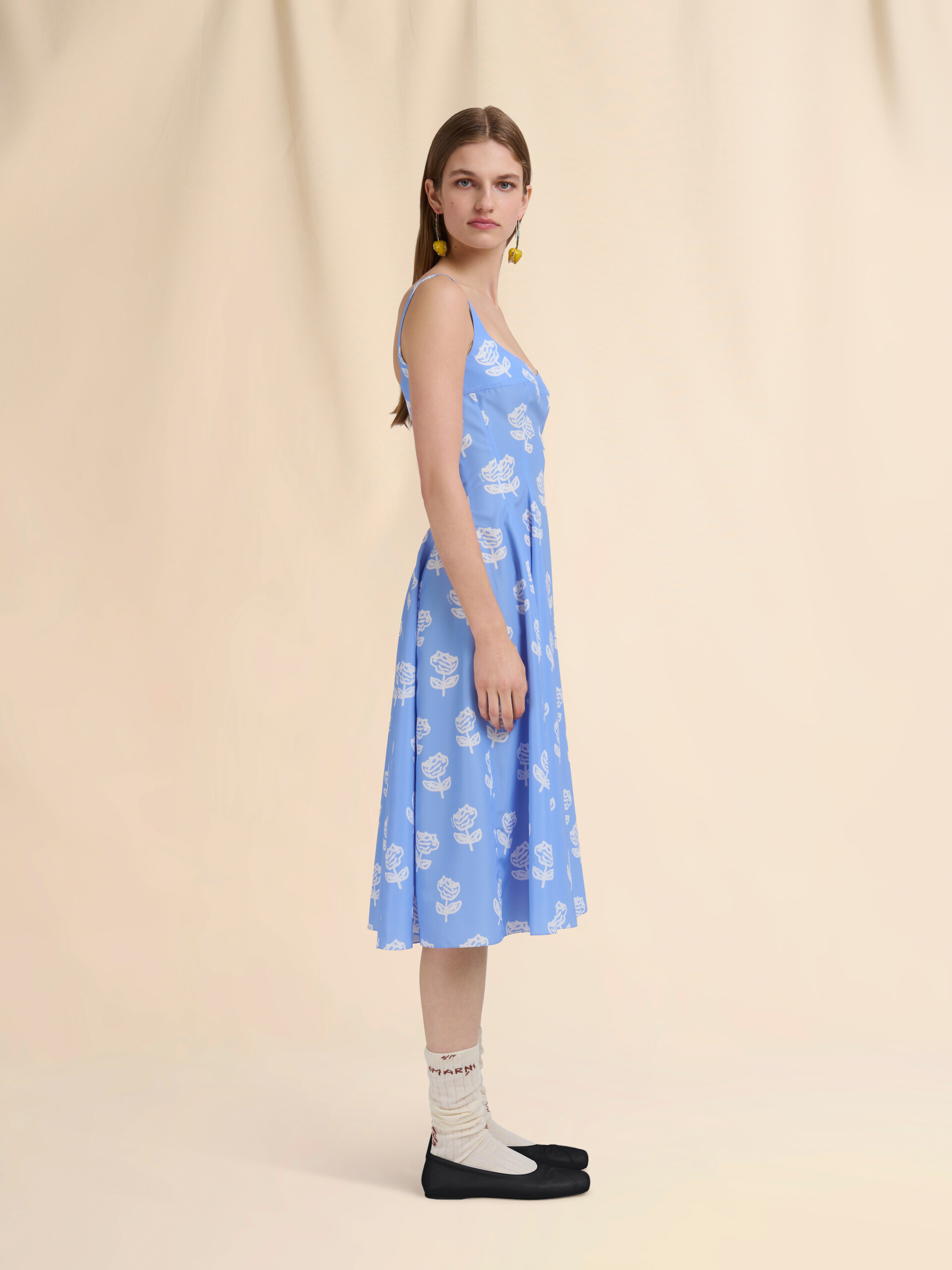 Light blue poplin flared dress with Sprayed Roses print - Dresses - Image 6