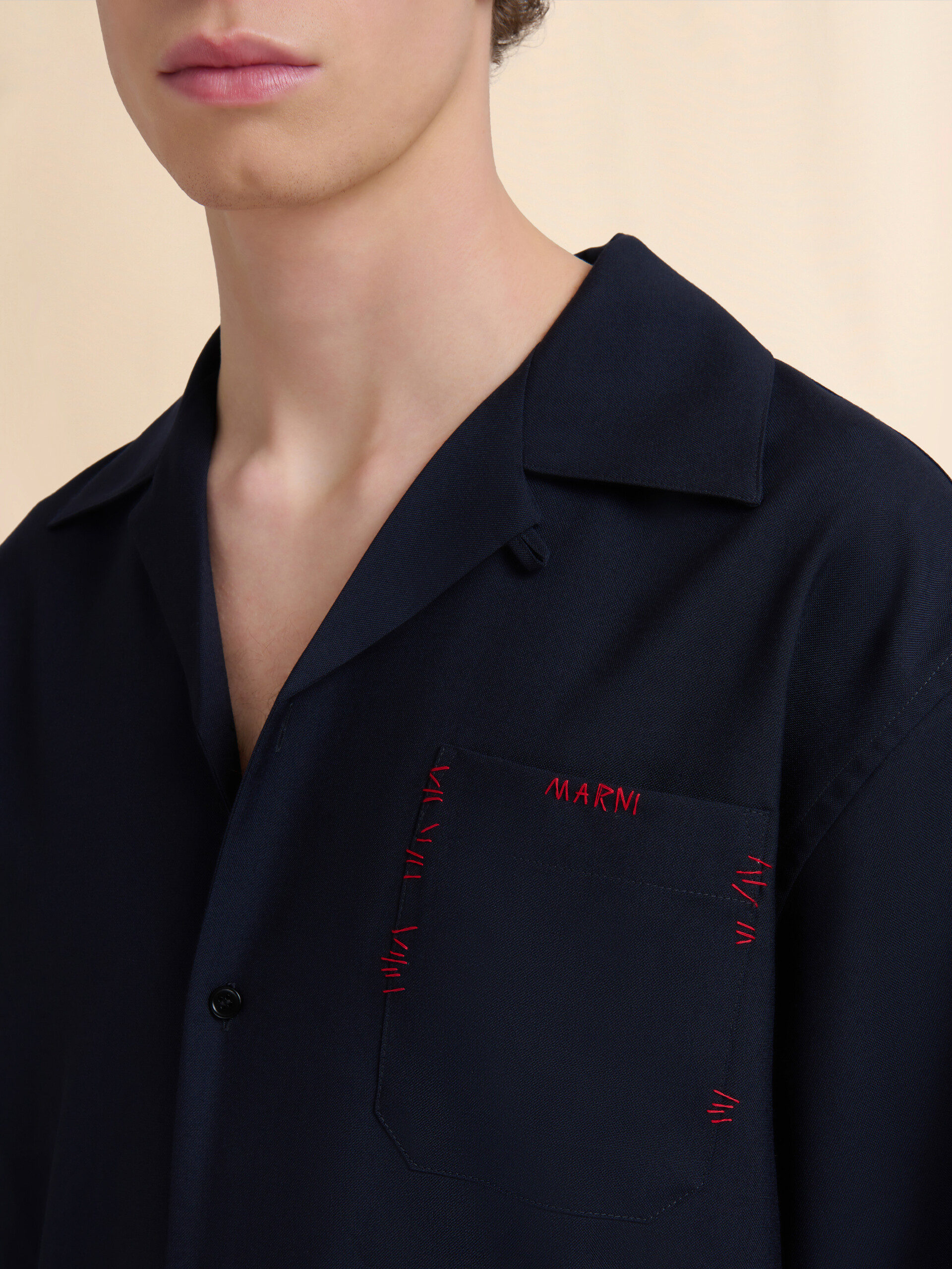 Deep blue tropical wool bowling shirt with Marni Mending - Shirts - Image 4