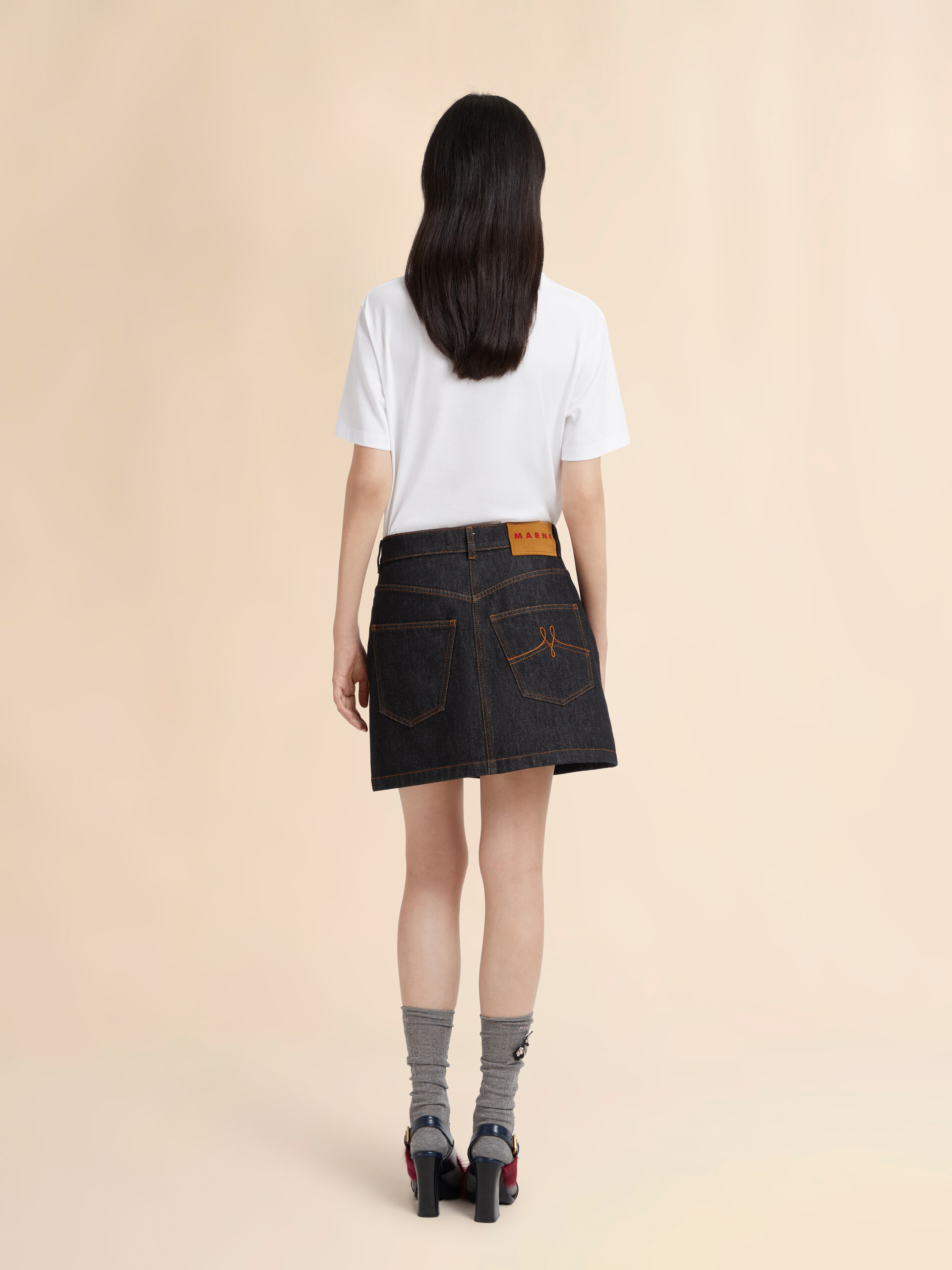 Black denim skirt with daisy appliqués - Skirts - Image 3