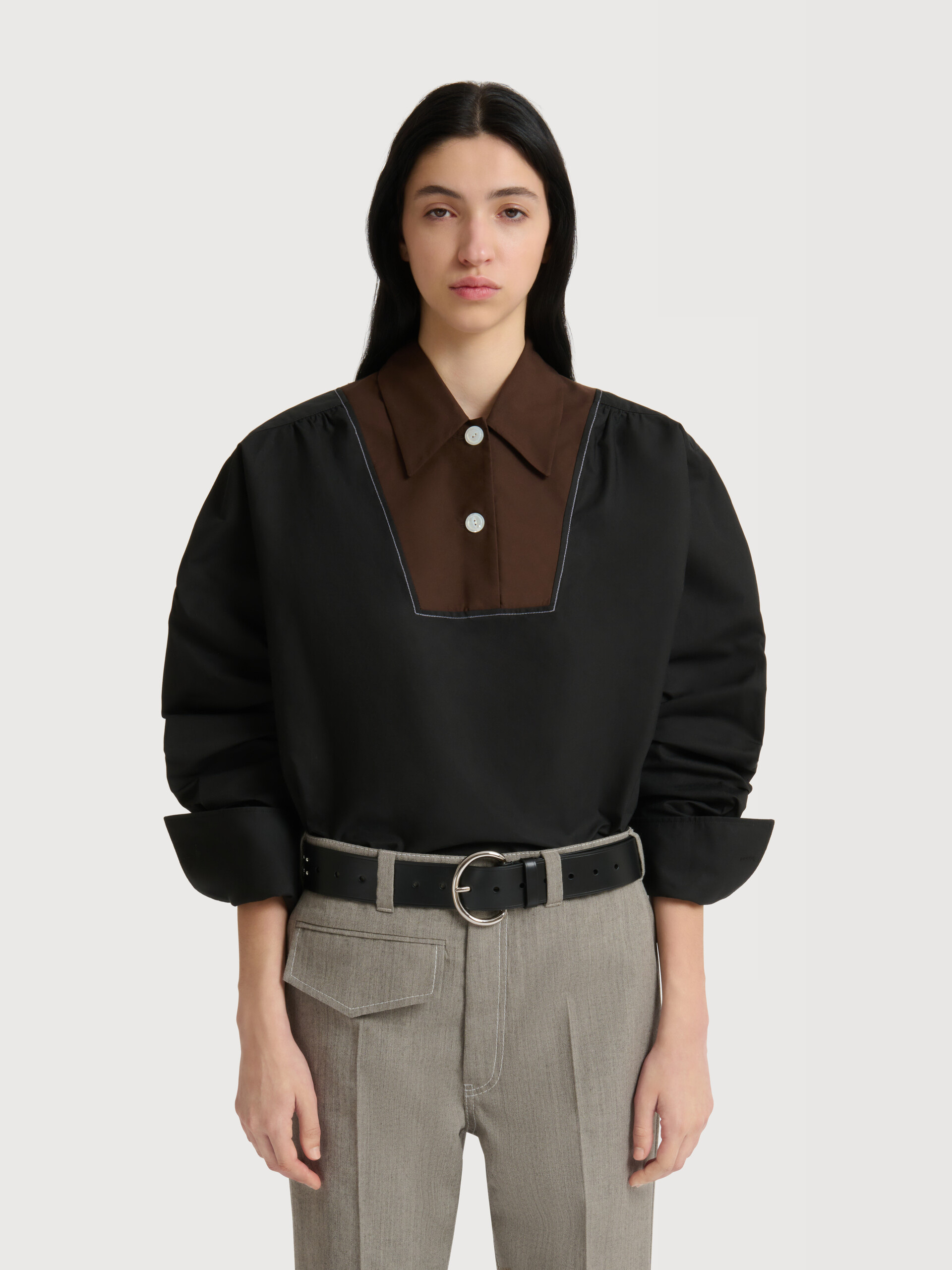 Black poplin shirt with contrast bib insert - Shirts - Image 2