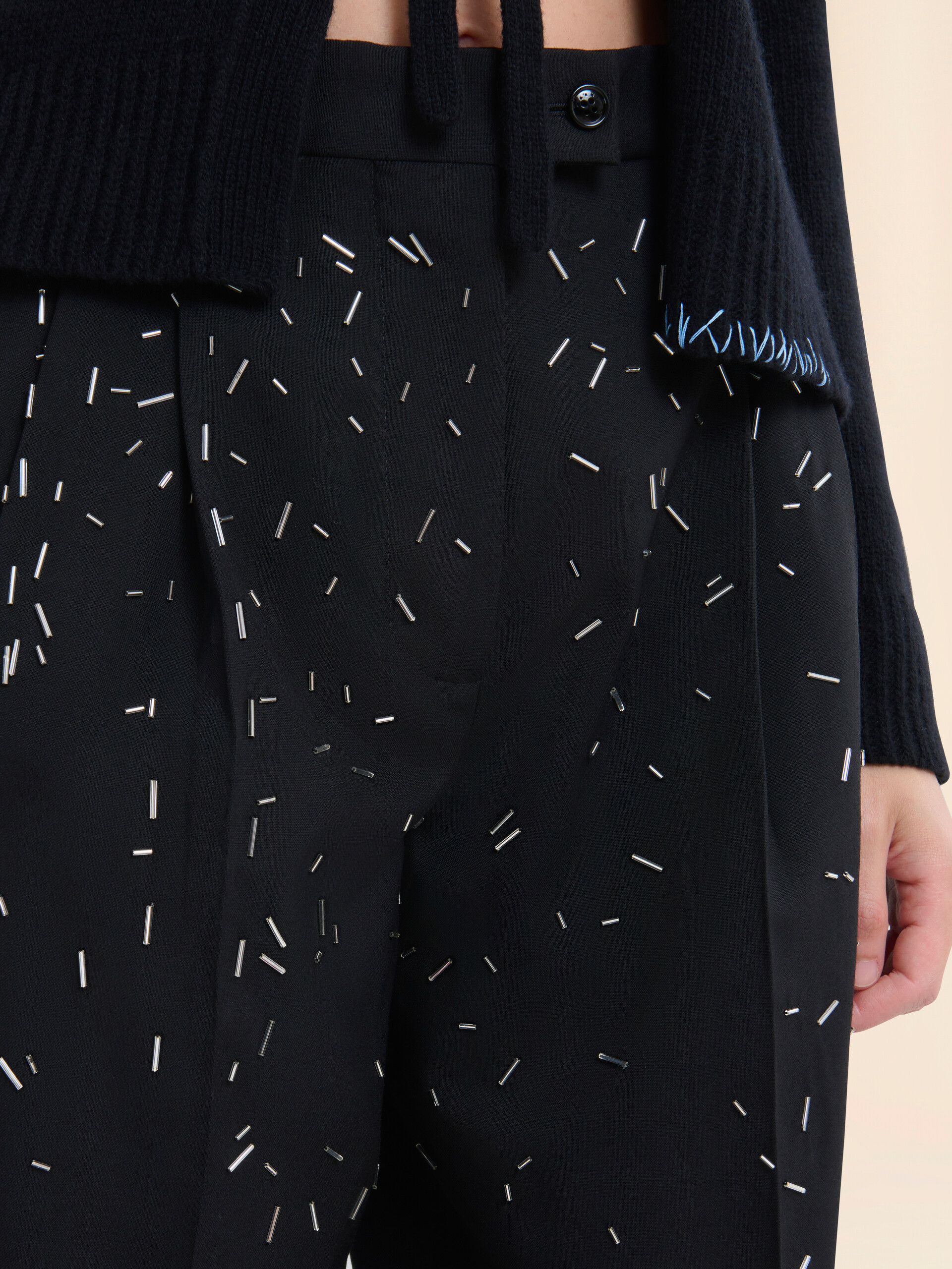 Black straight cut wool trousers with bead detail - Pants - Image 4