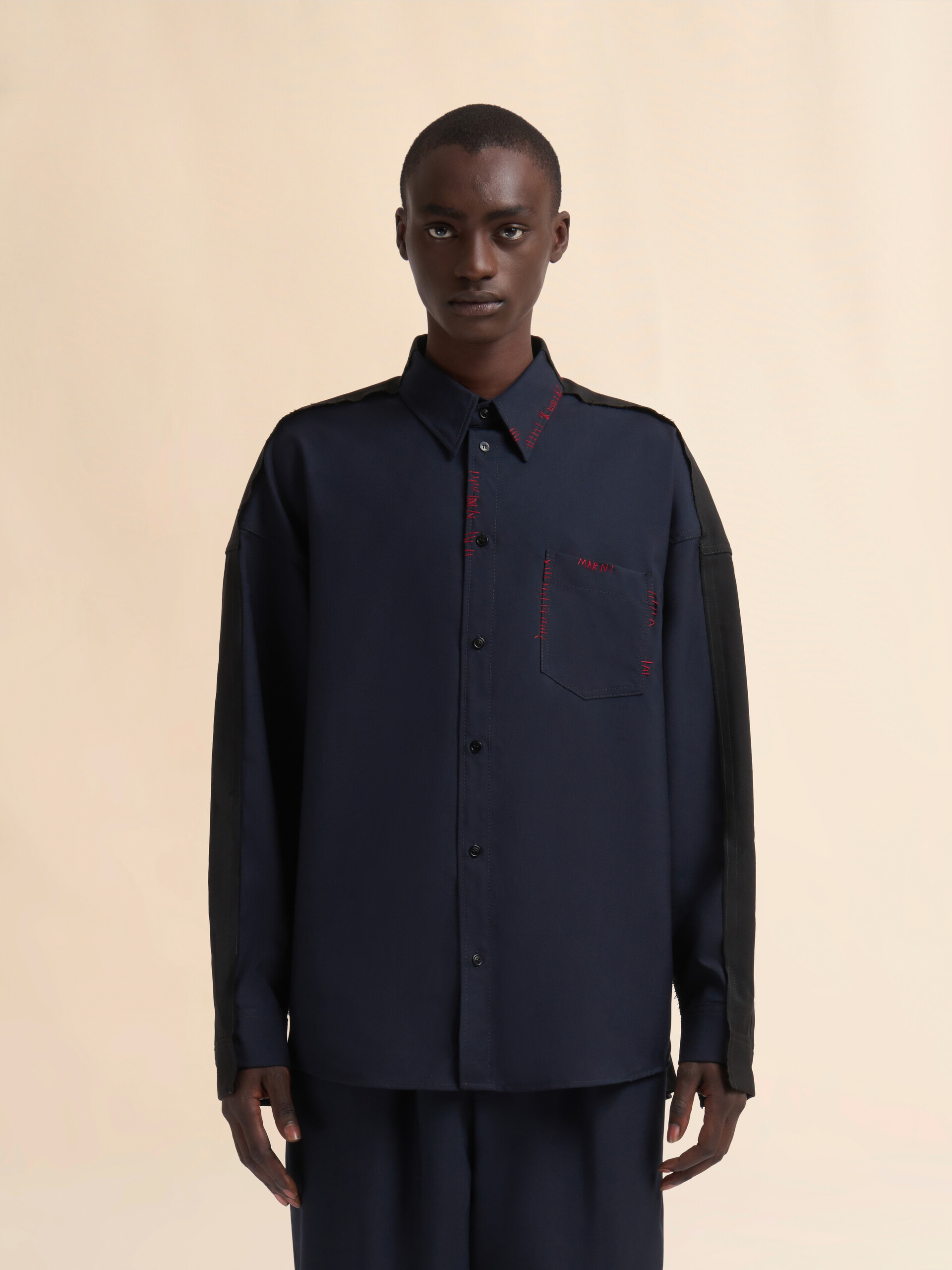 Blue tropical wool shirt with contrast back - Shirts - Image 2