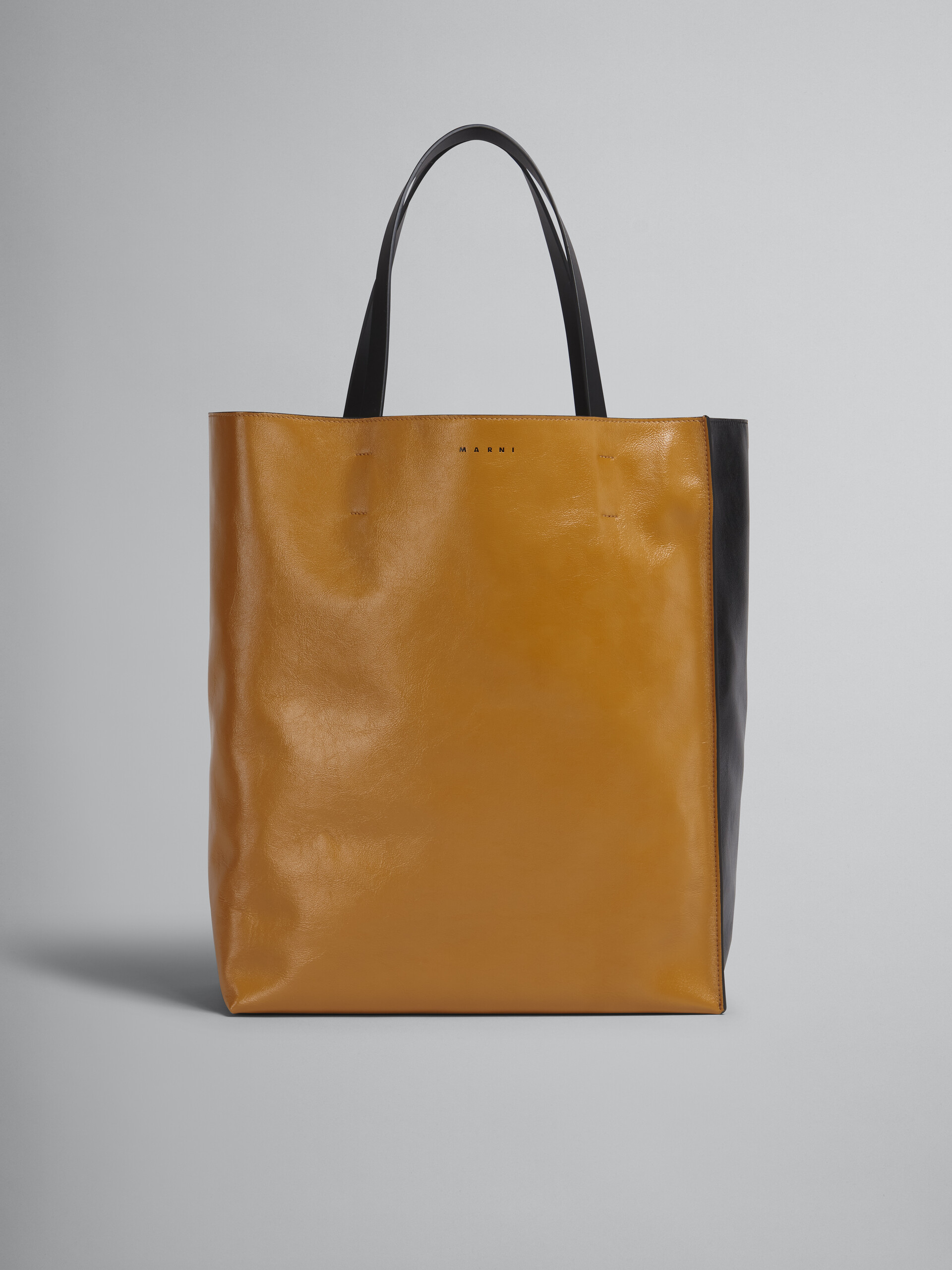 MUSEO SOFT bag in shiny brown and black leather - Shopping Bags - Image 1