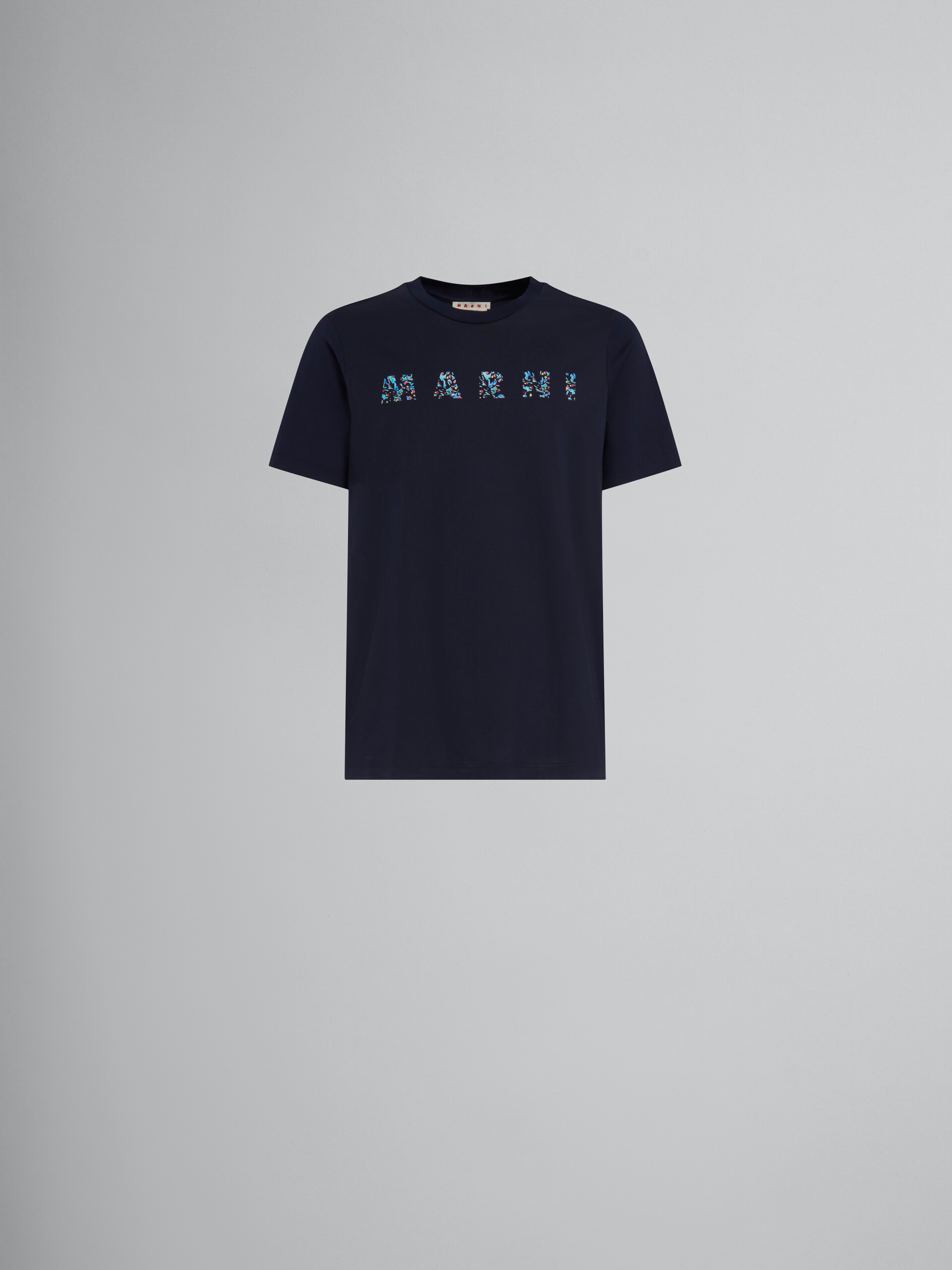 Dunkelblaues T-Shirt aus Bio-Baumwolle mit gemustertem Marni-Print 