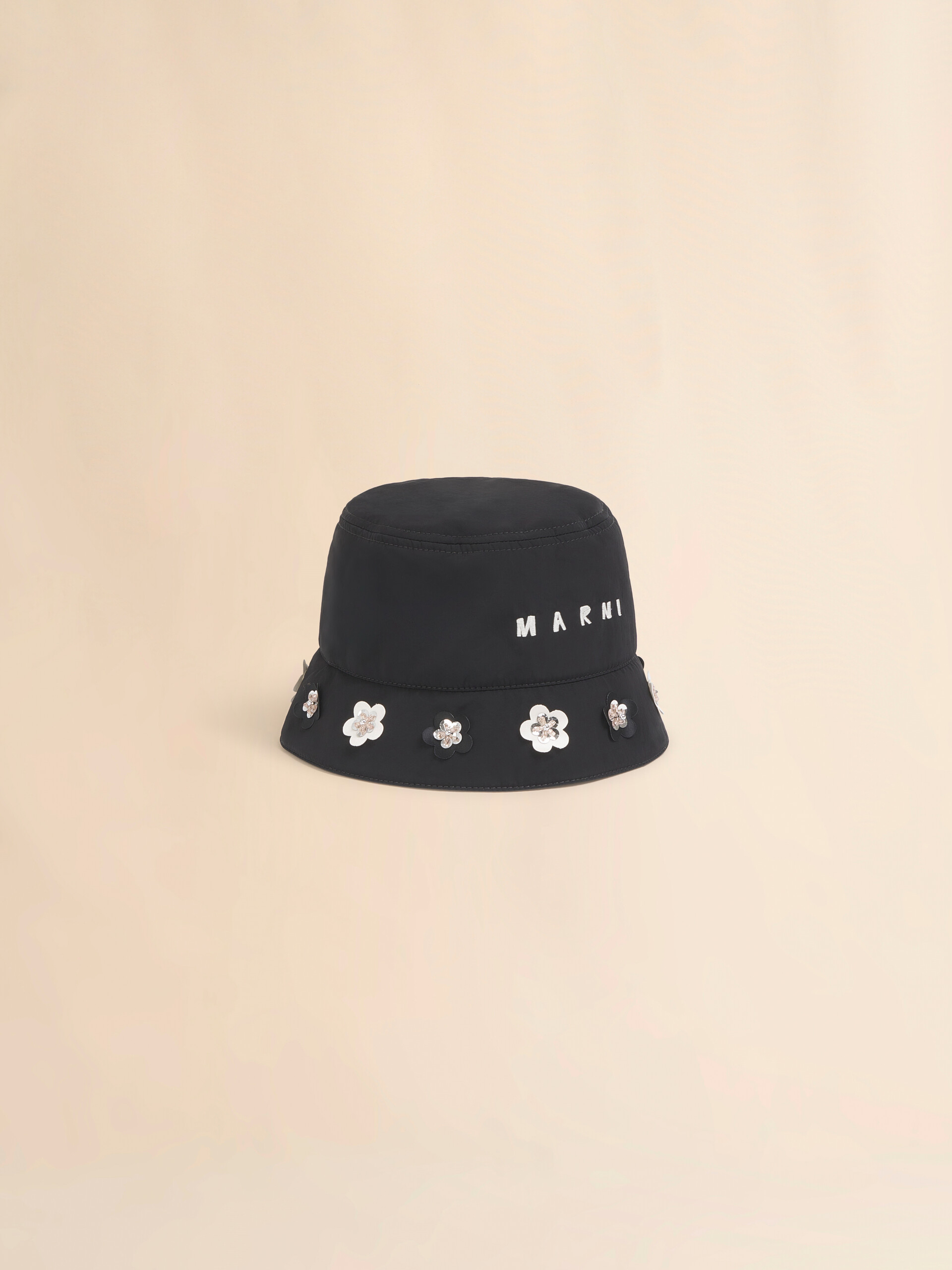 Black taffeta bucket hat with daisy appliqués - Hats - Image 1