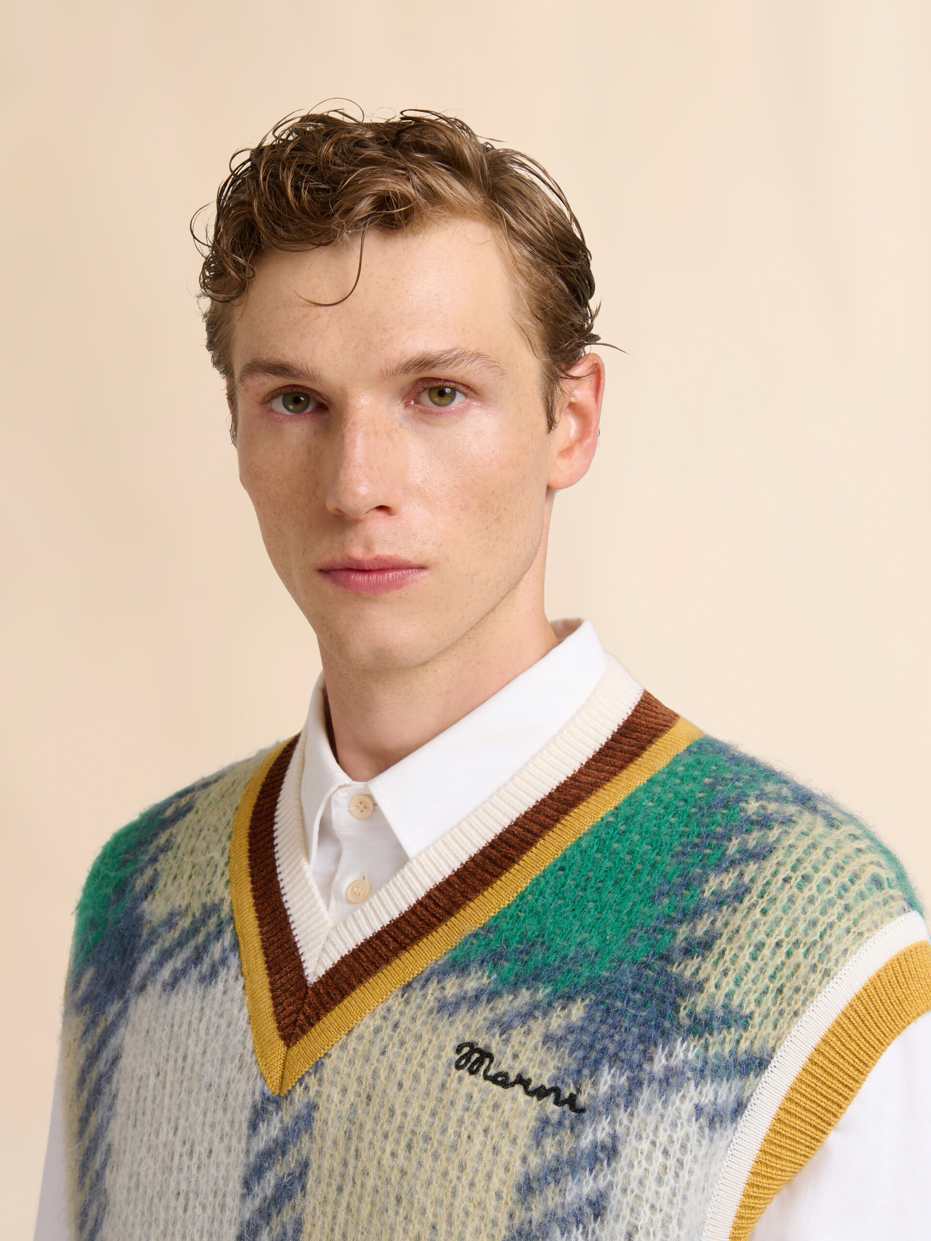 Green checked mohair vest with striped trims - Pullovers - Image 4