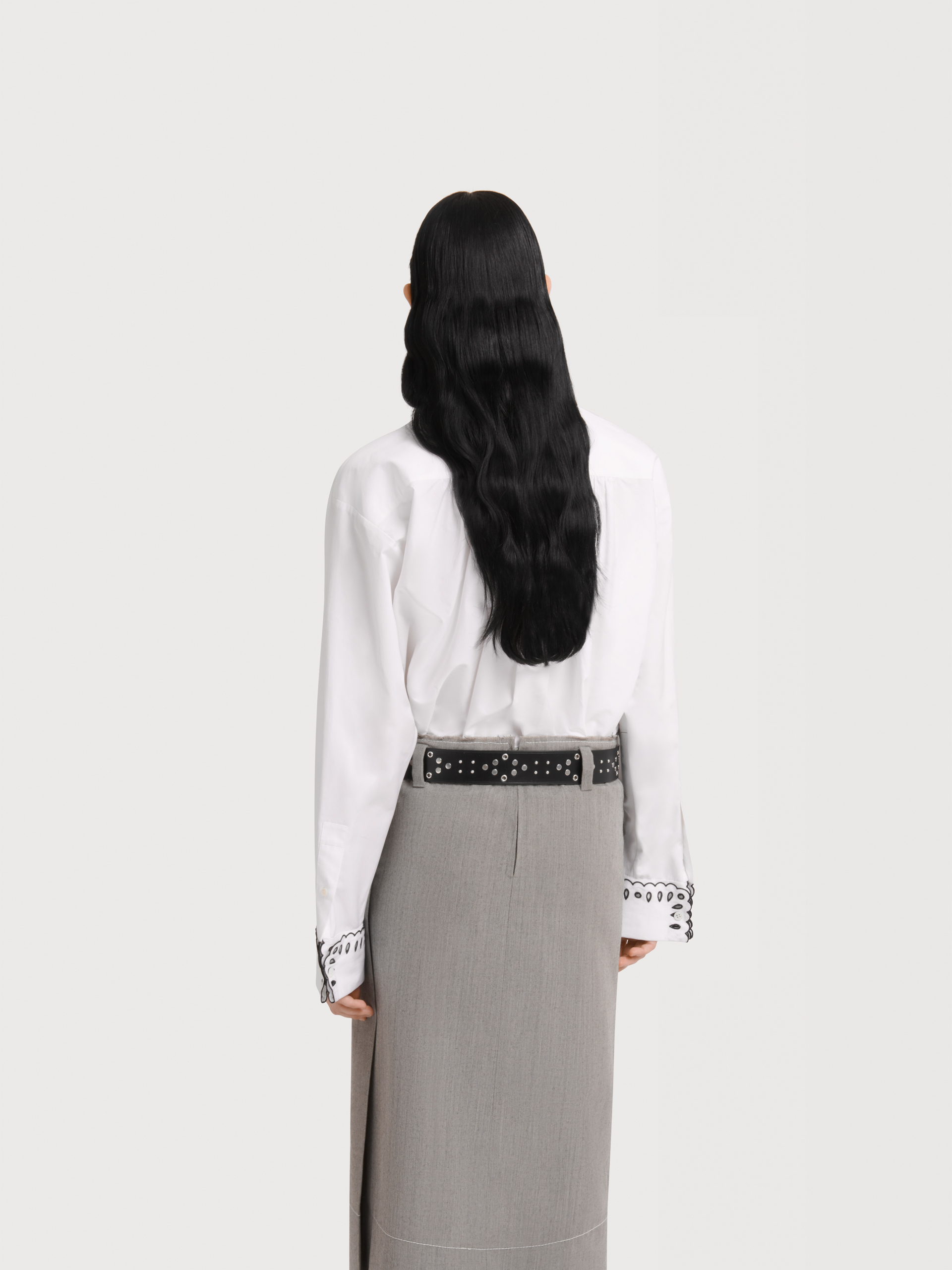 Black poplin half-button shirt with broderie anglaise - Shirts - Image 4