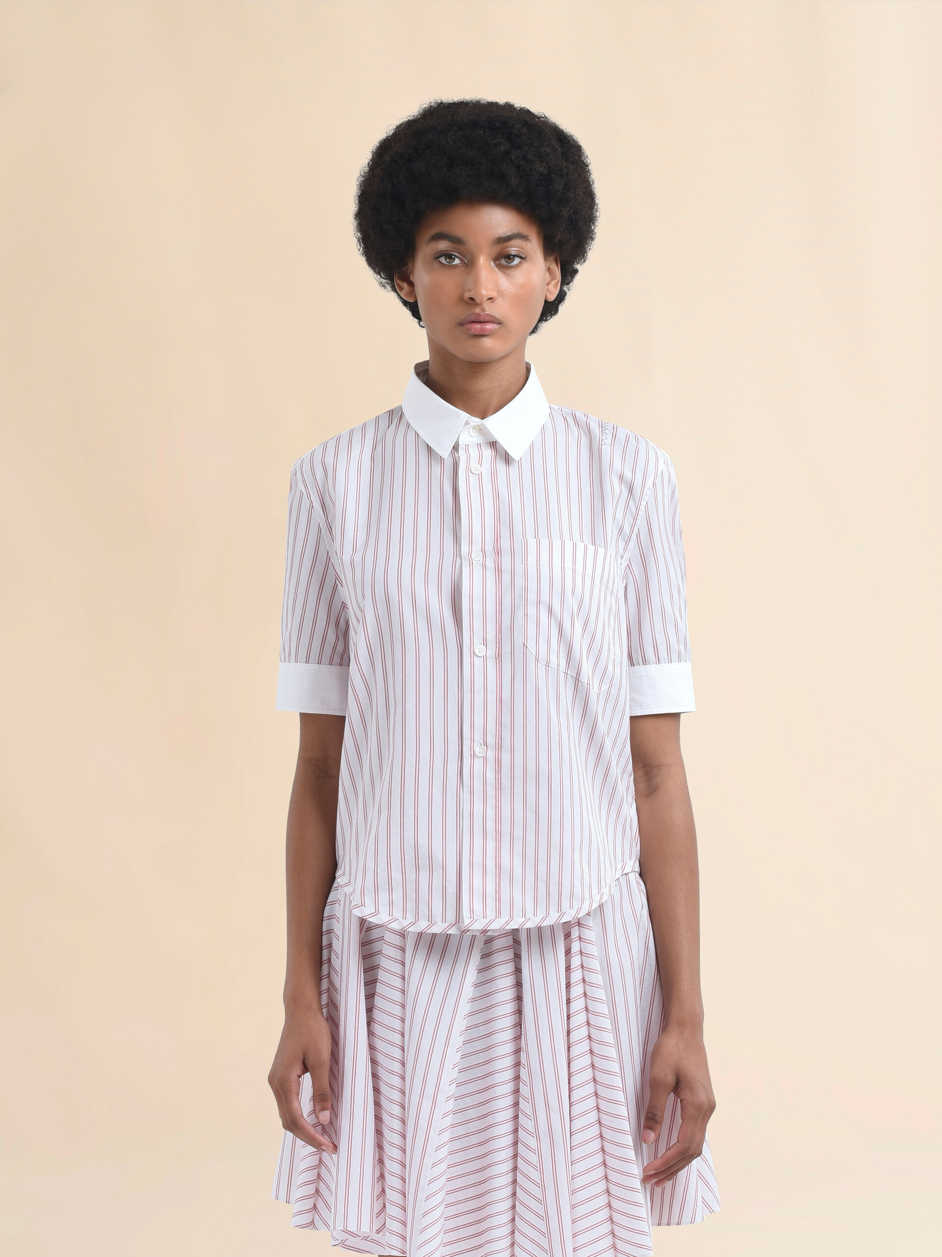 Short sleeved red and white striped cotton poplin shirt - Shirts - Image 2
