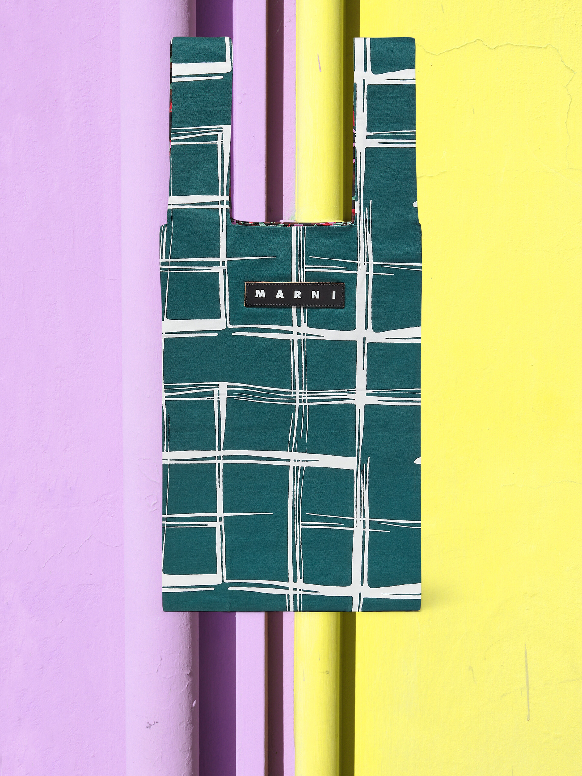MARNI MARKET cotton shopping bag with check and floral print - Shopping Bags - Image 1