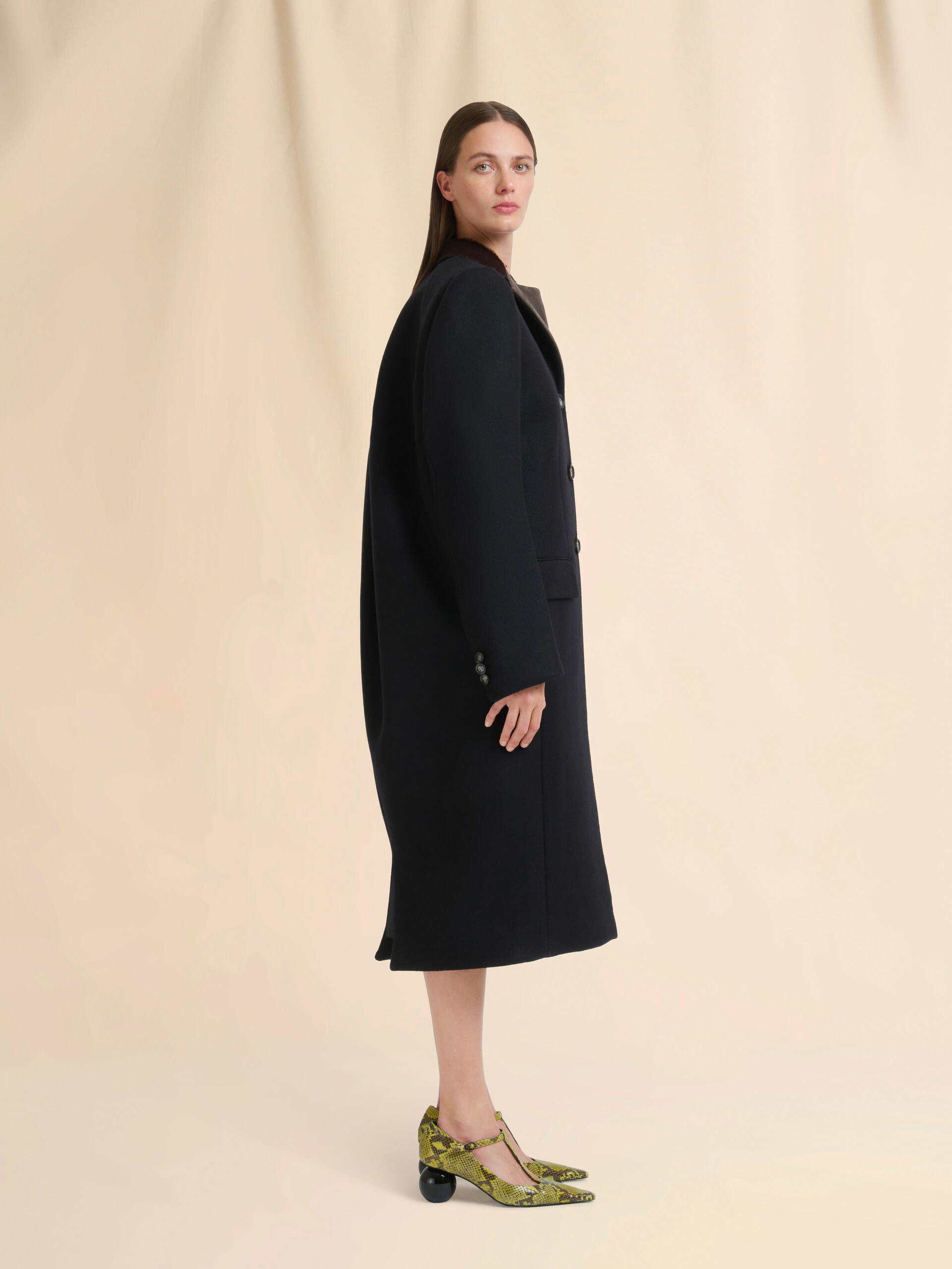 Black wool felt coat with leather details - Coats - Image 6