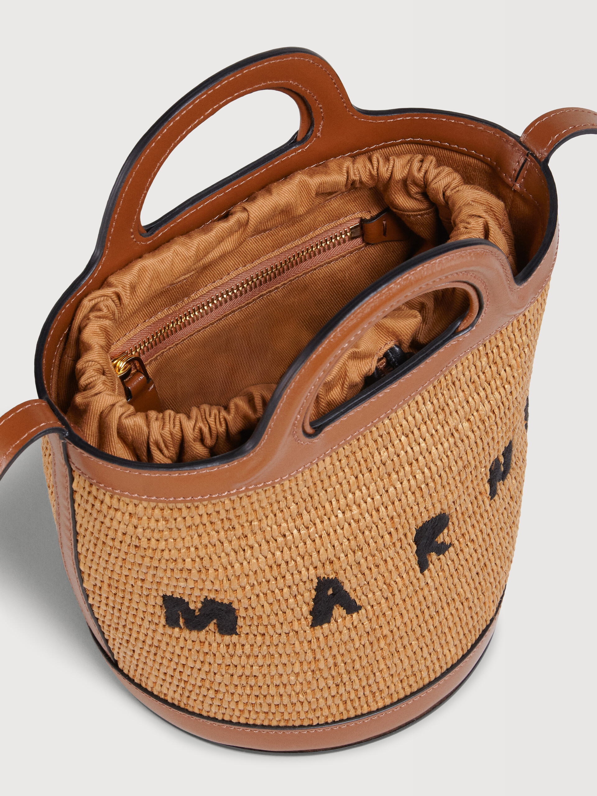Tropicalia Small Bucket Bag in brown leather and raffia-effect fabric - Shoulder Bag - Image 4