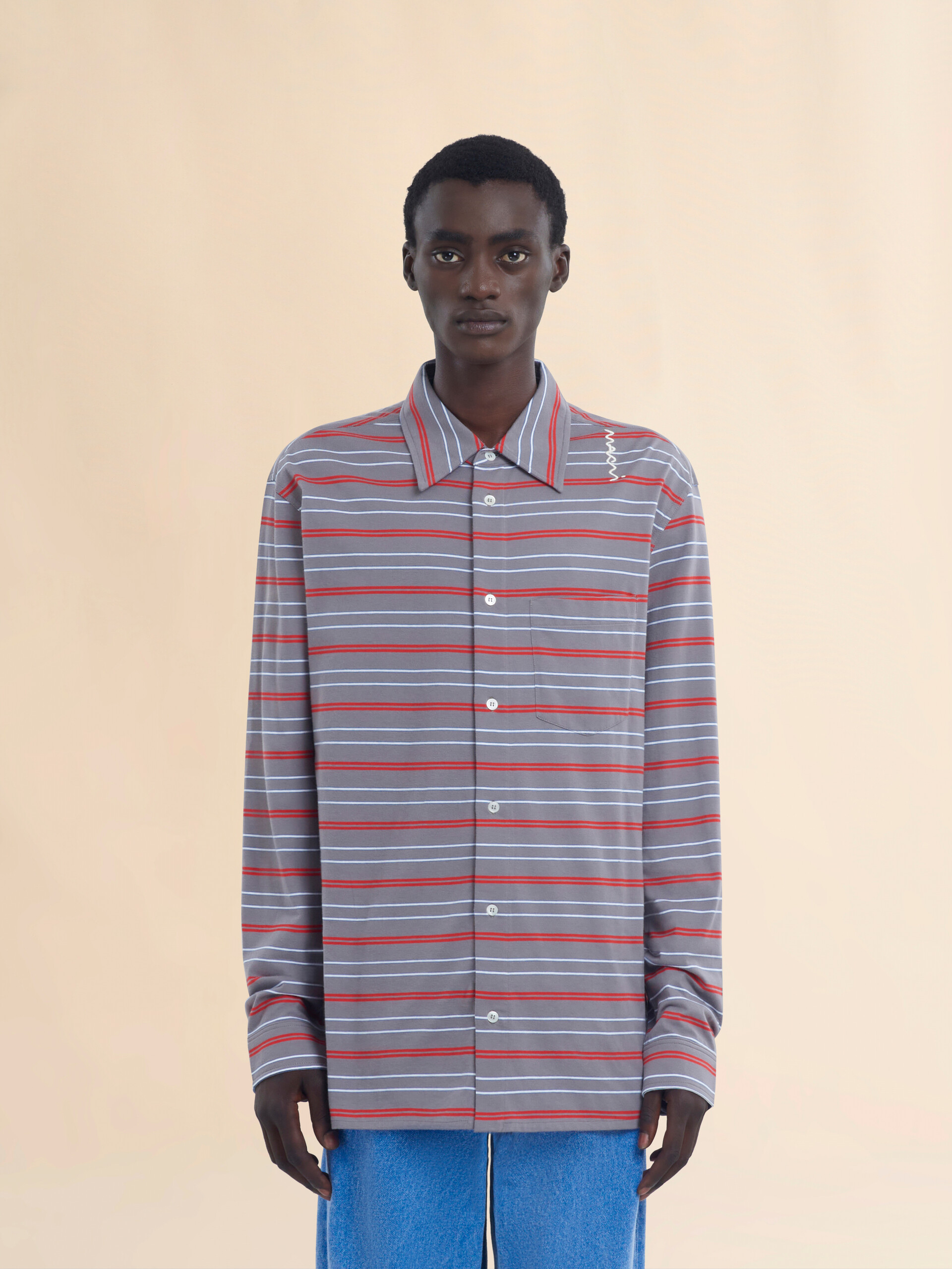 Long sleeved blue and white striped organic cotton polo shirt - Shirts - Image 2