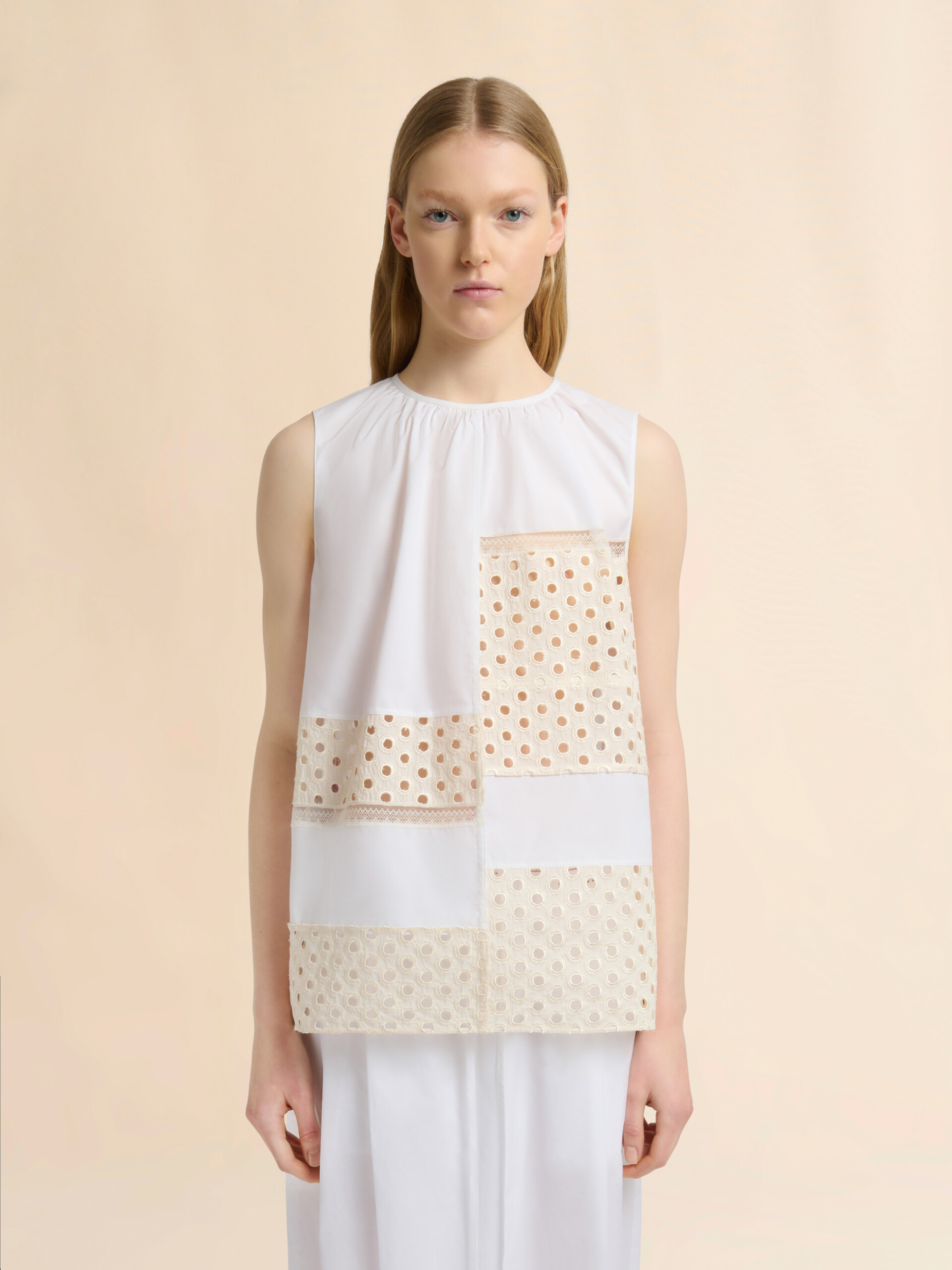 White poplin blouse with broderie anglaise inserts - Shirts - Image 2