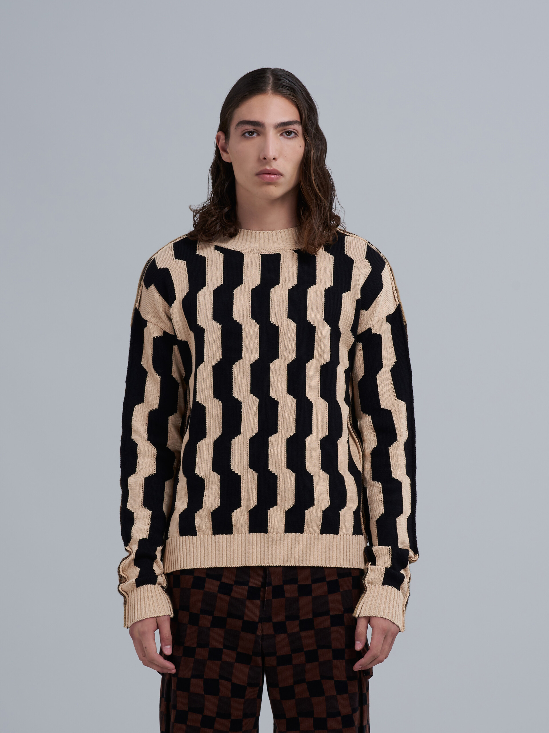Beige and black crepe and Shetland wool sweater - Pullovers - Image 2
