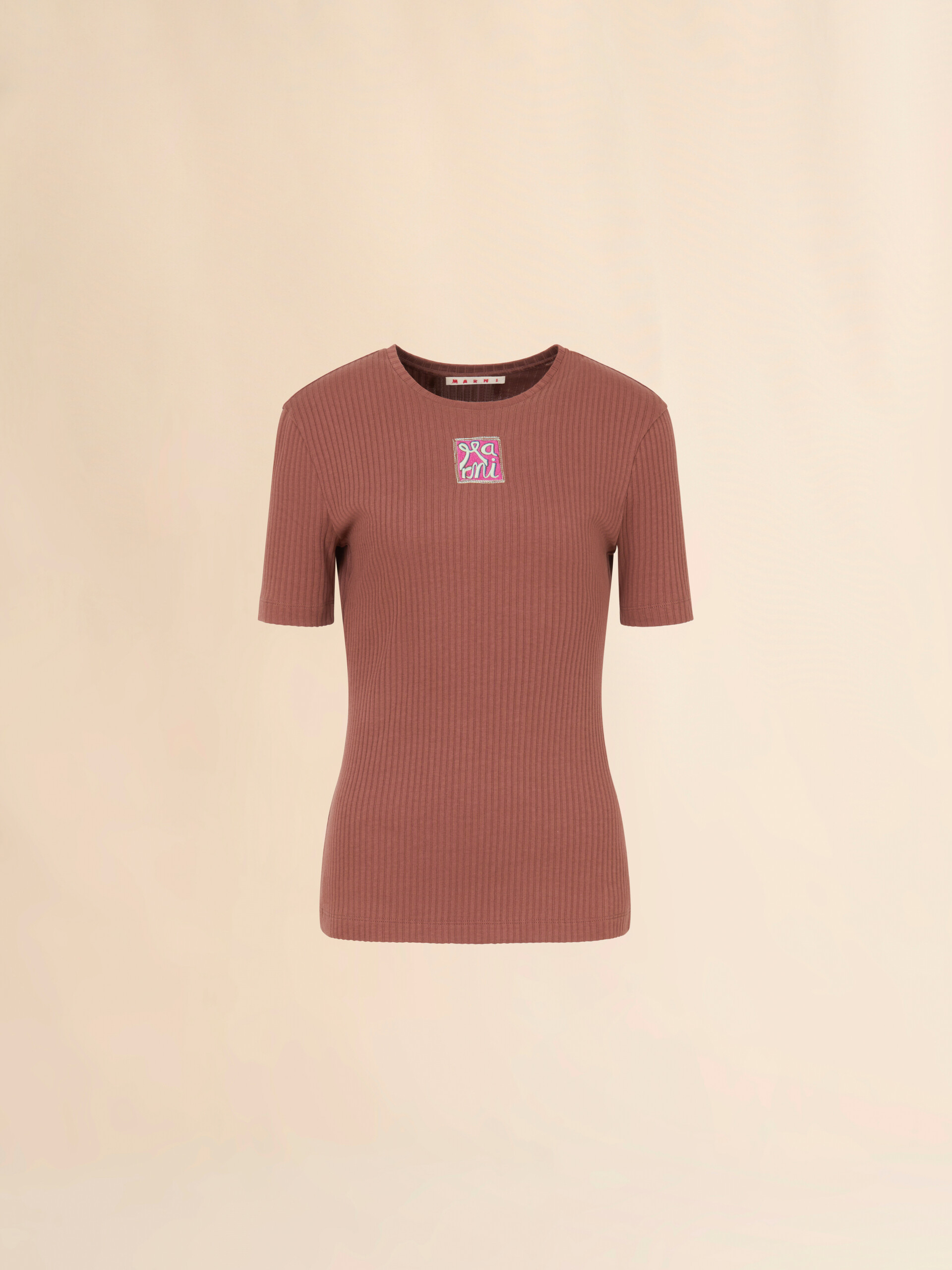 Brown ribbed cotton T-shirt with Marni Frame logo - T-shirts - Image 1