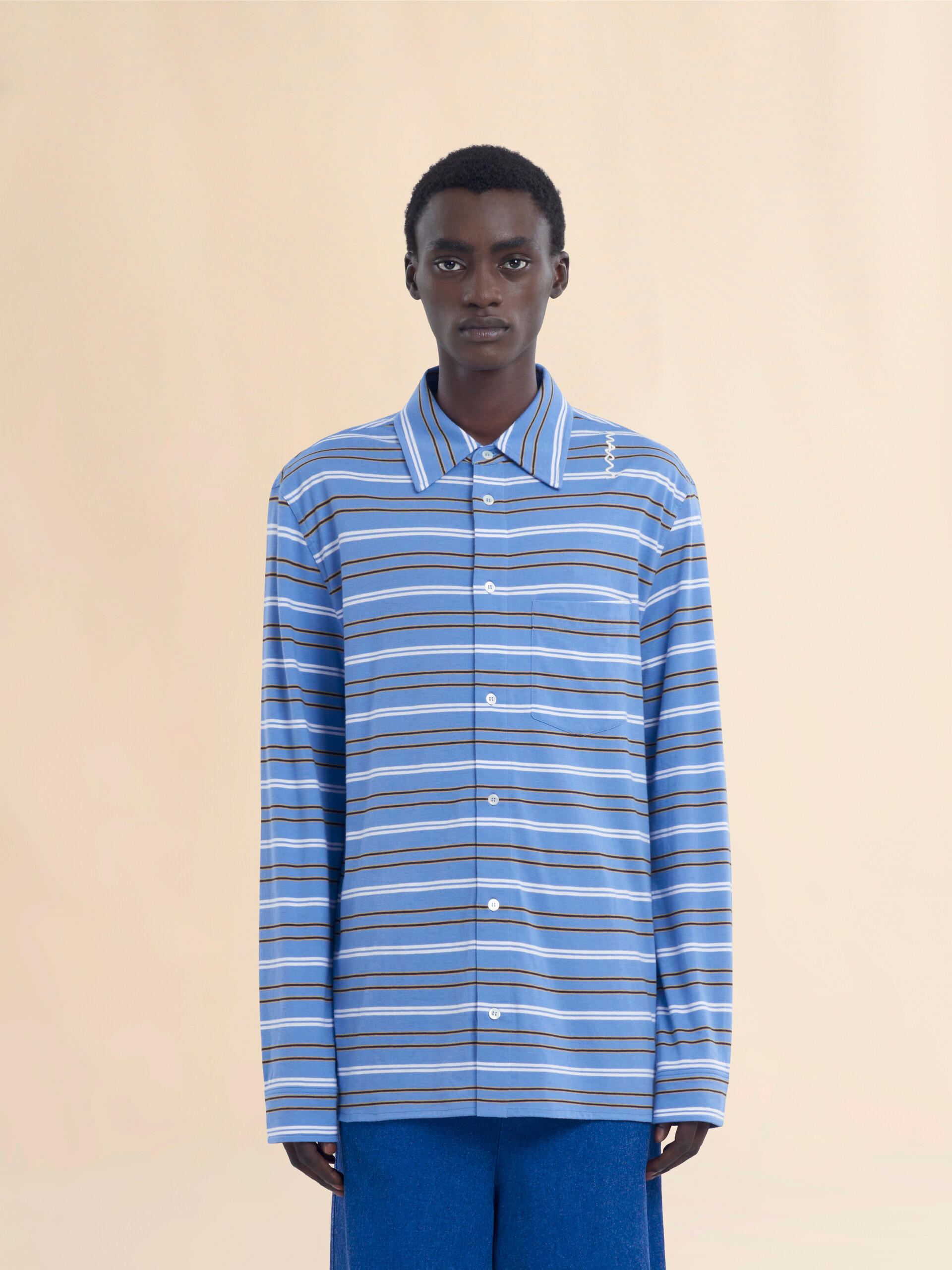 Long sleeved blue and white striped organic cotton polo shirt - Shirts - Image 2