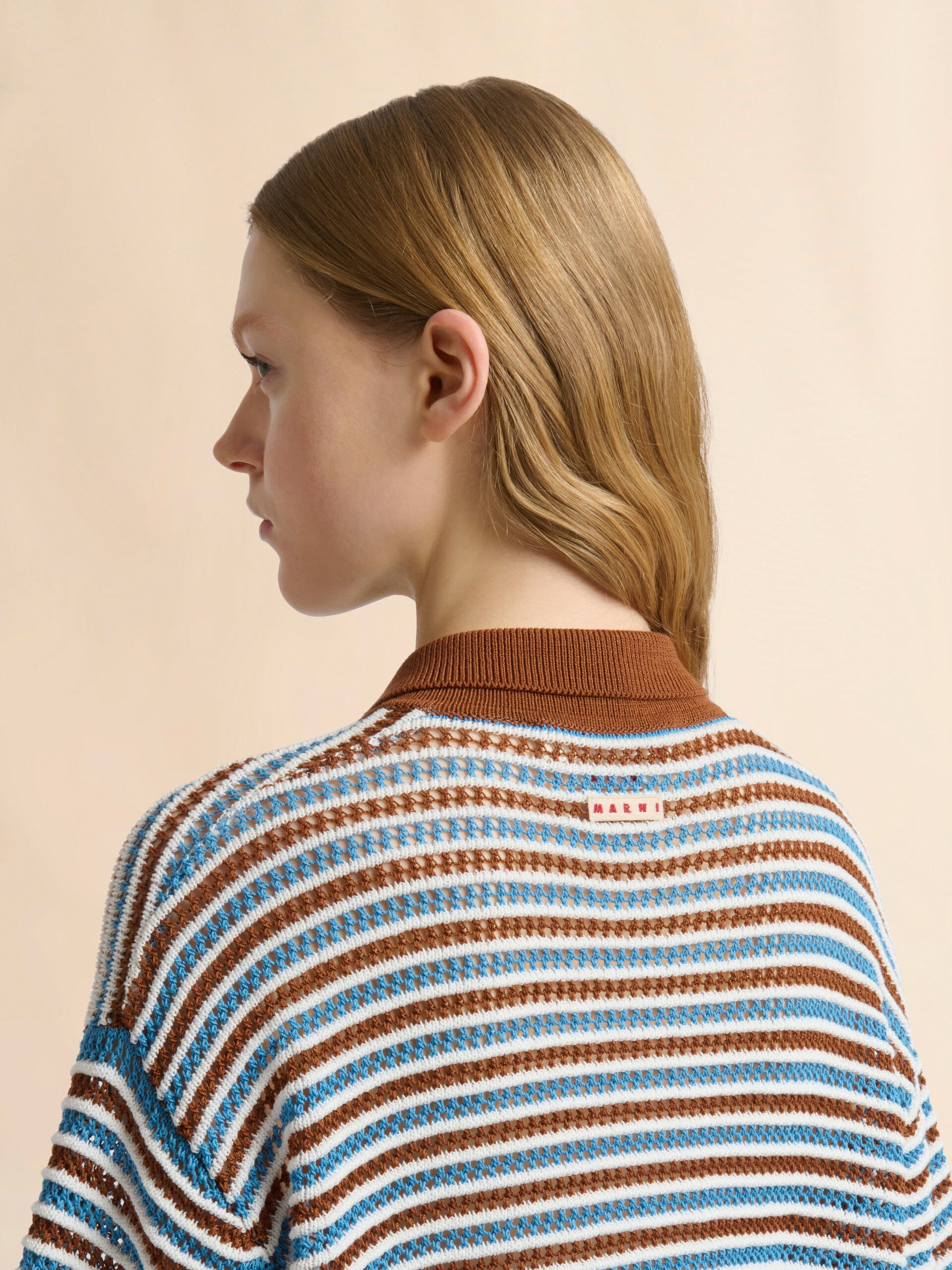 Brown and blue striped cotton crochet cardigan - Pullovers - Image 5