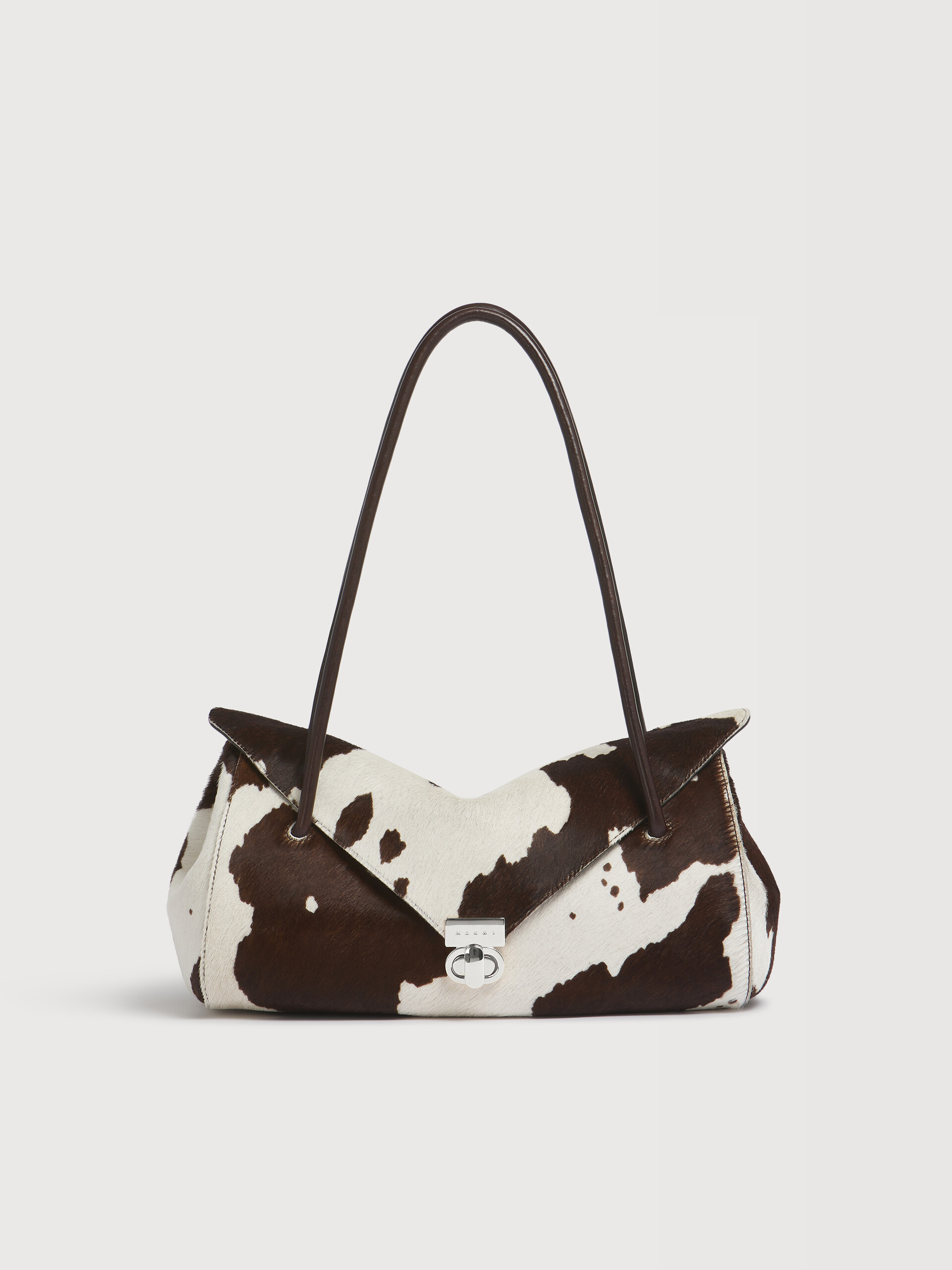 White and brown cow-print ponyhair E/W shoulder bag - Shoulder Bags - Image 1