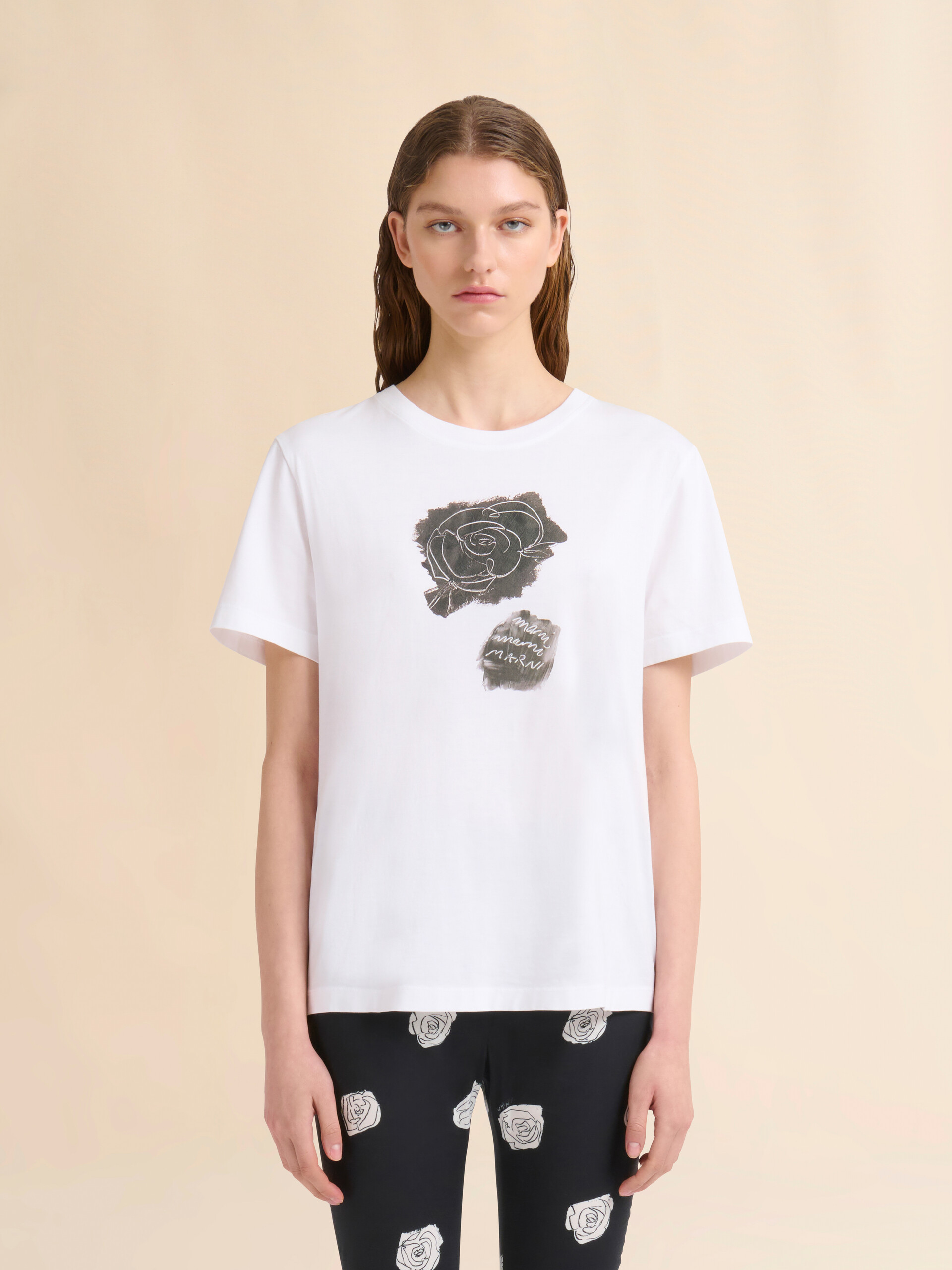White cotton T-shirt with scraped rose print - T-shirts - Image 2