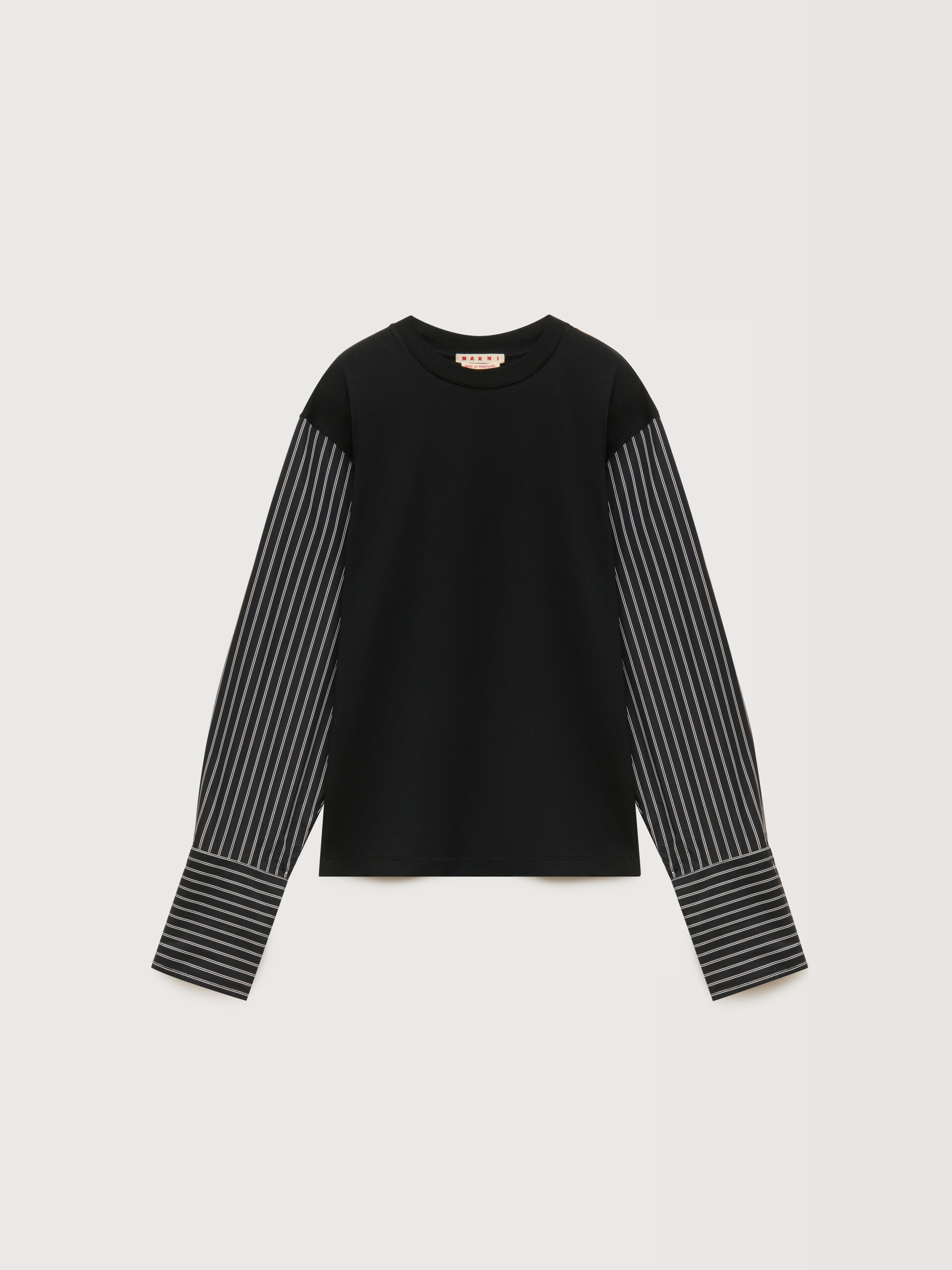 ブラック コットン ストライプシャツスリーブ Tシャツ - Tシャツ - Image 1