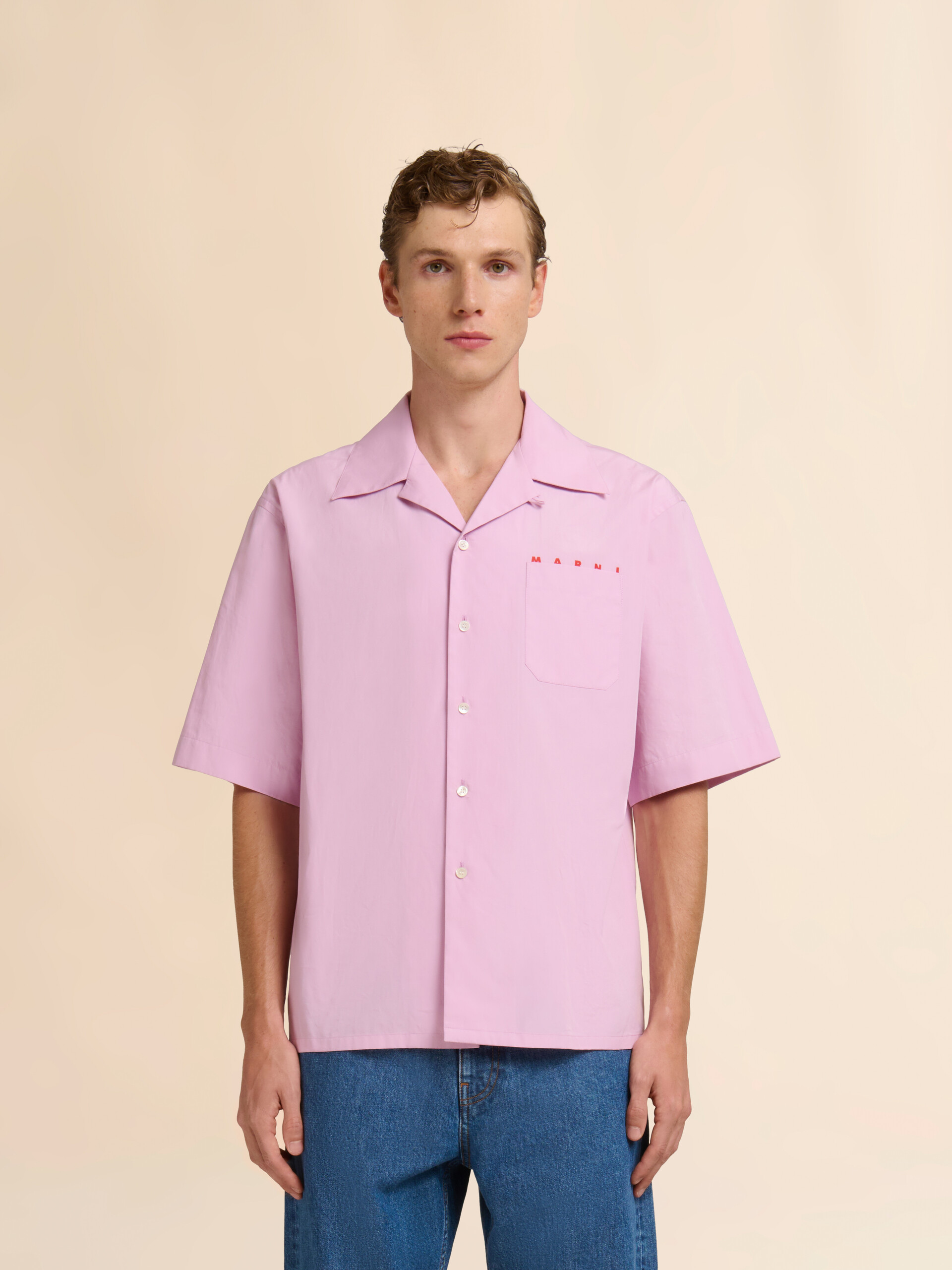Pink poplin bowling shirt with peeping Marni logo - Shirts - Image 2