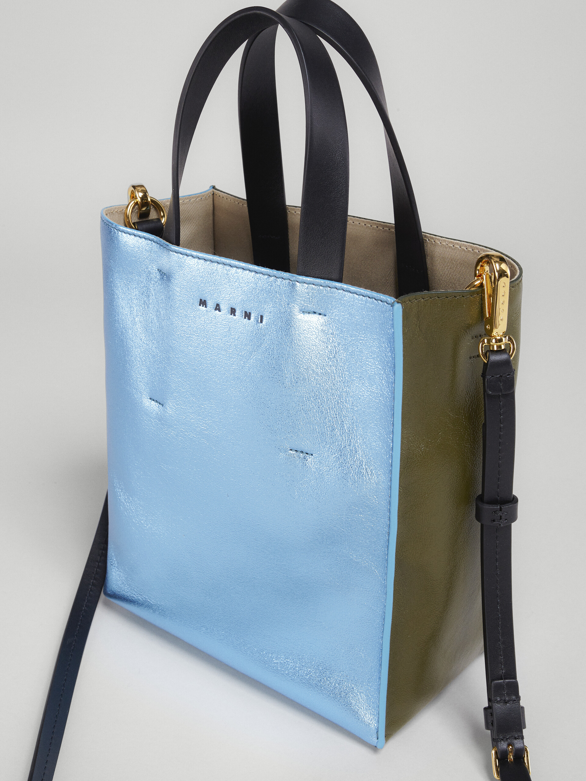 MUSEO mini bag in pale blue and green metallic leather