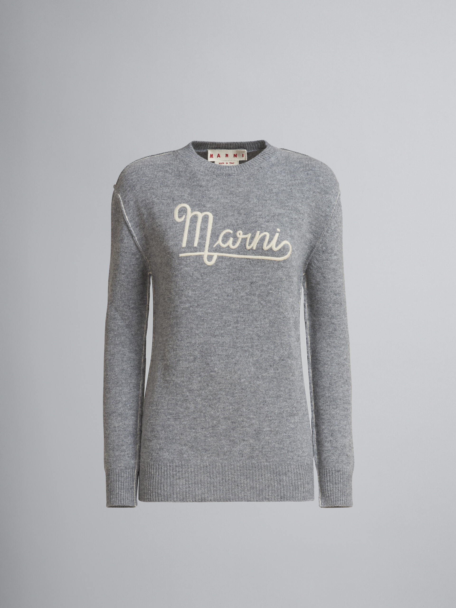 Grey Shetland wool long-sleeved sweater with embroidered Marni logo - Pullovers - Image 1
