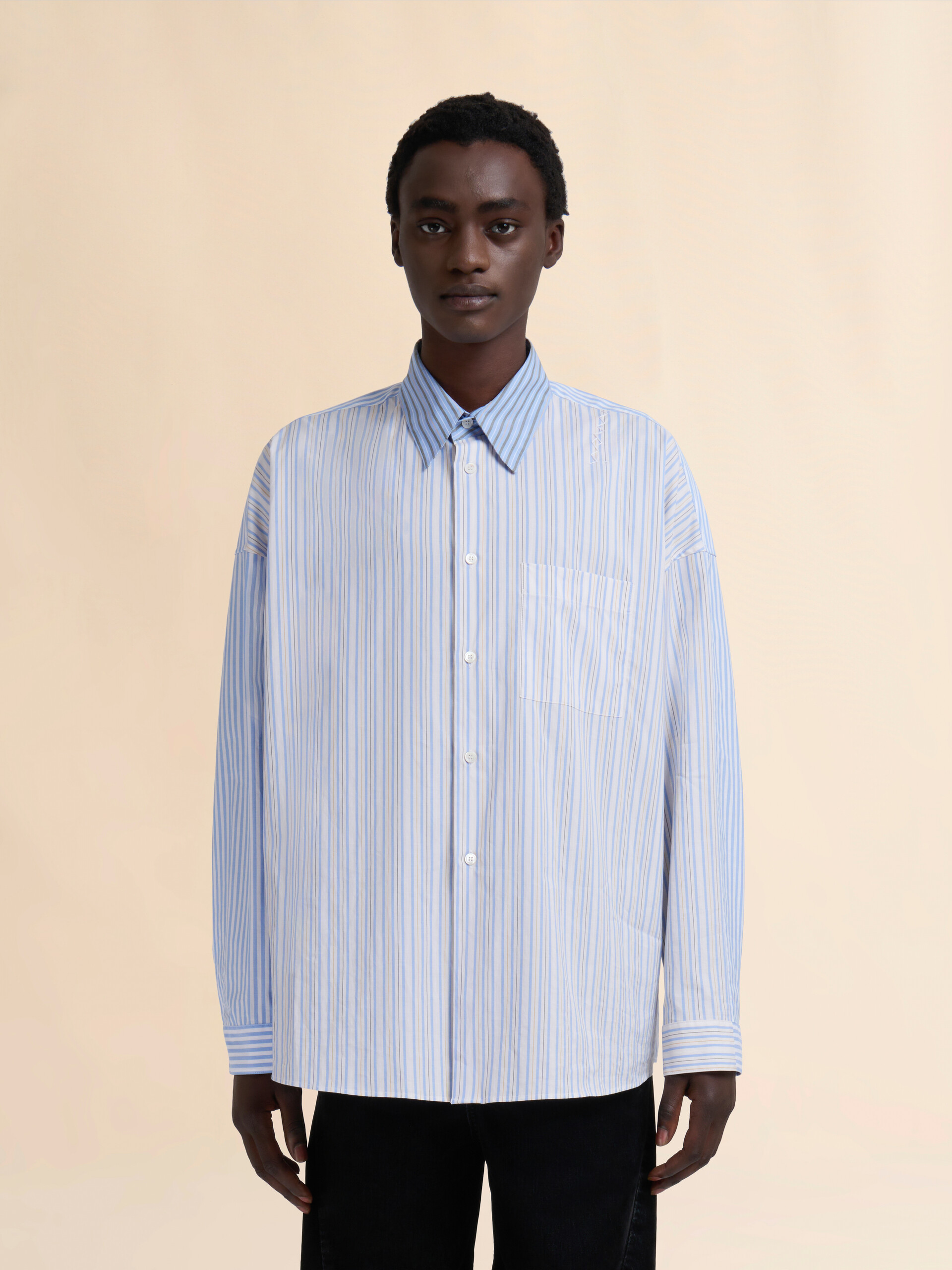 Light blue organic poplin shirt with mixed stripes - Shirts - Image 2