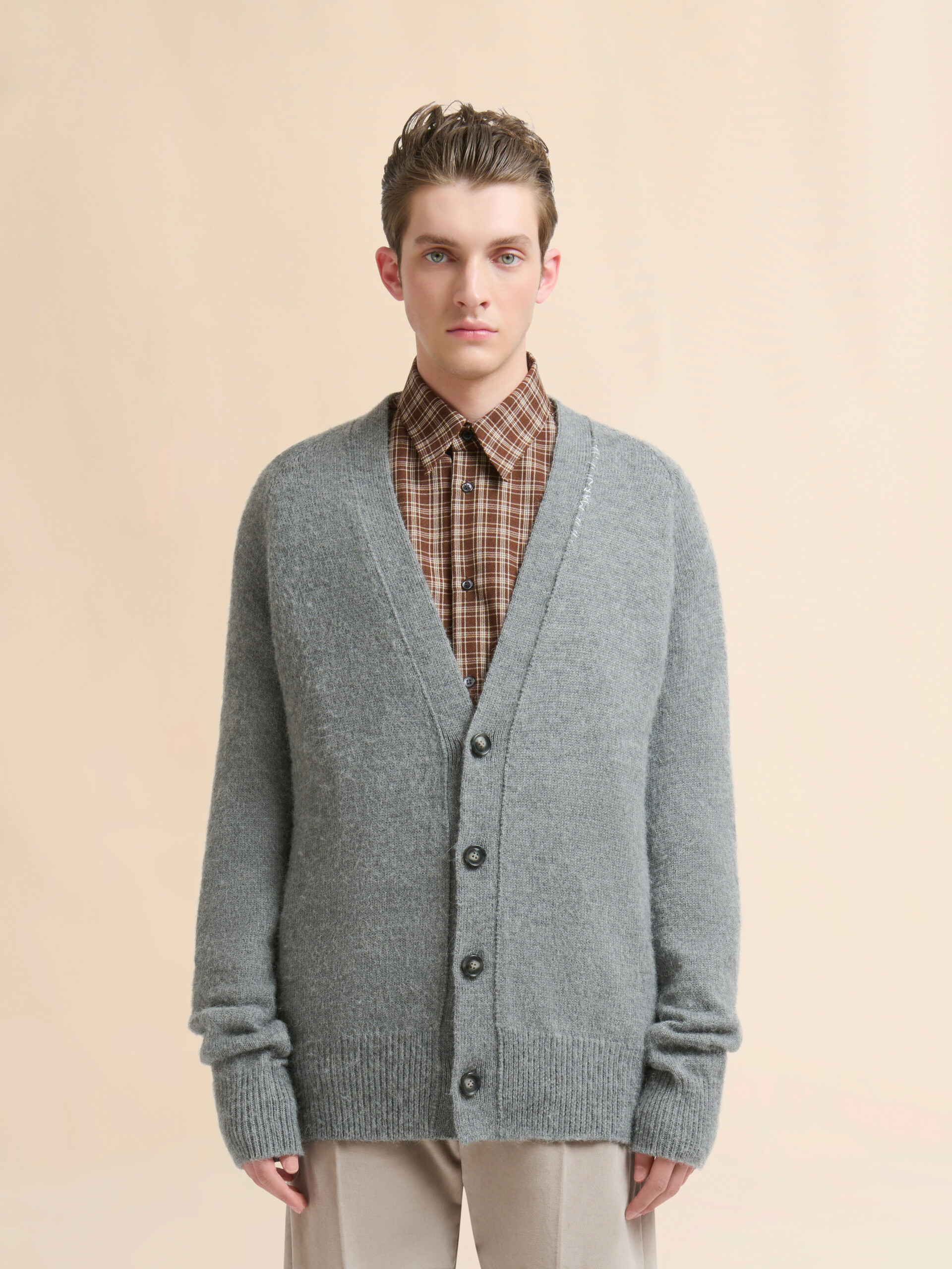Grey wool alpaca cardigan with wolf patch - Pullovers - Image 2