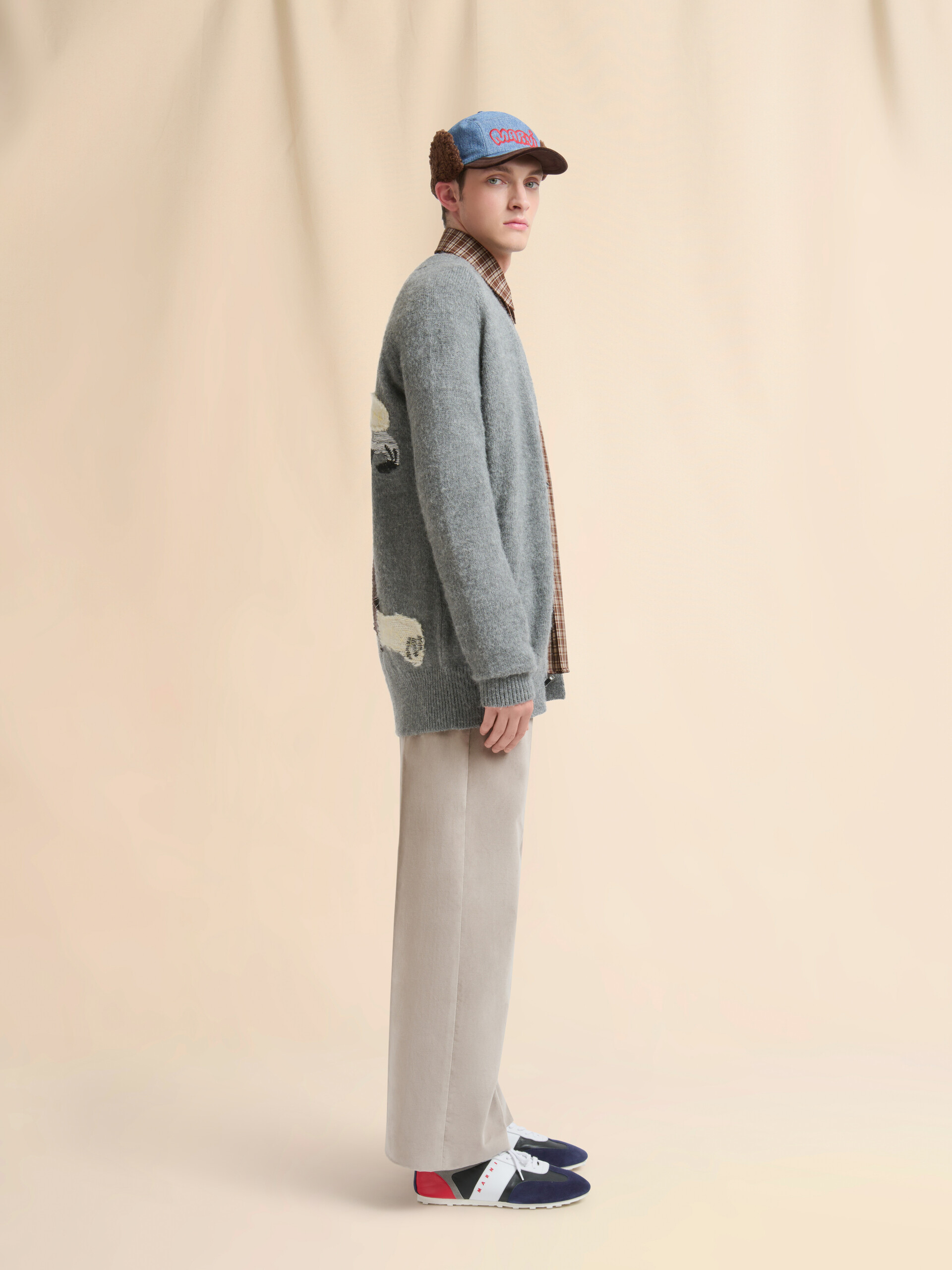 Grey wool alpaca cardigan with wolf patch - Pullovers - Image 5