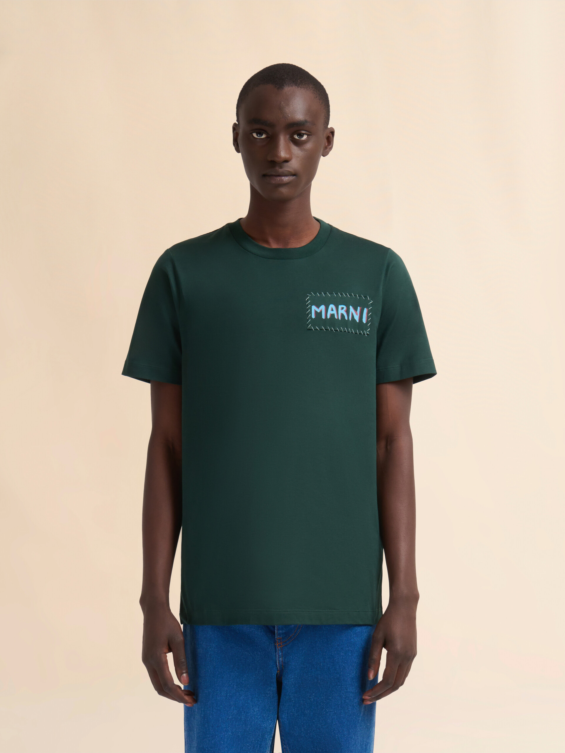 Green organic cotton T-shirt with Marni patch - Shirts - Image 2