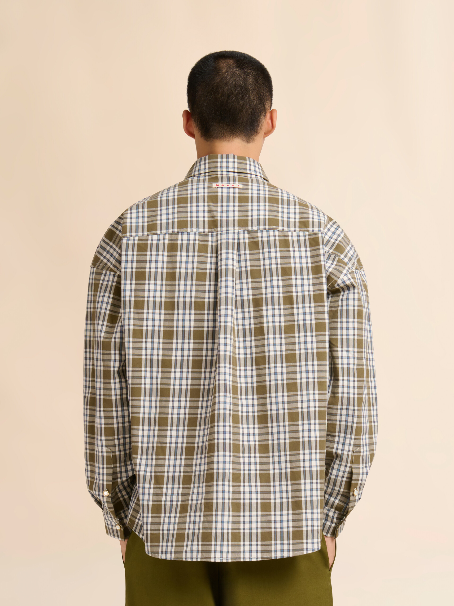 Green compact cotton shirt with checked pattern - Shirts - Image 3