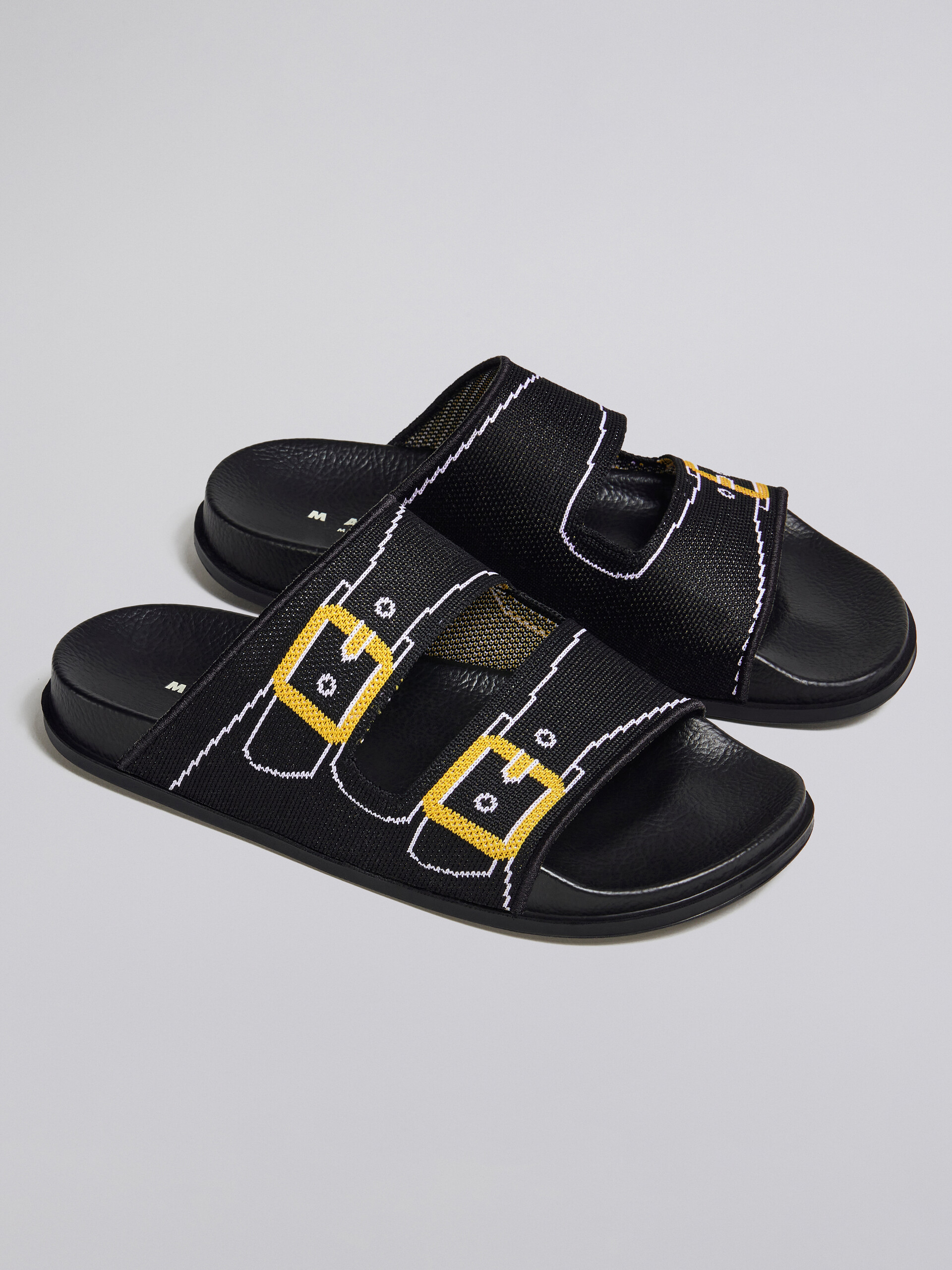 Black and gold trompe l'oeil jacquard two-strap slide - Sandals - Image 5