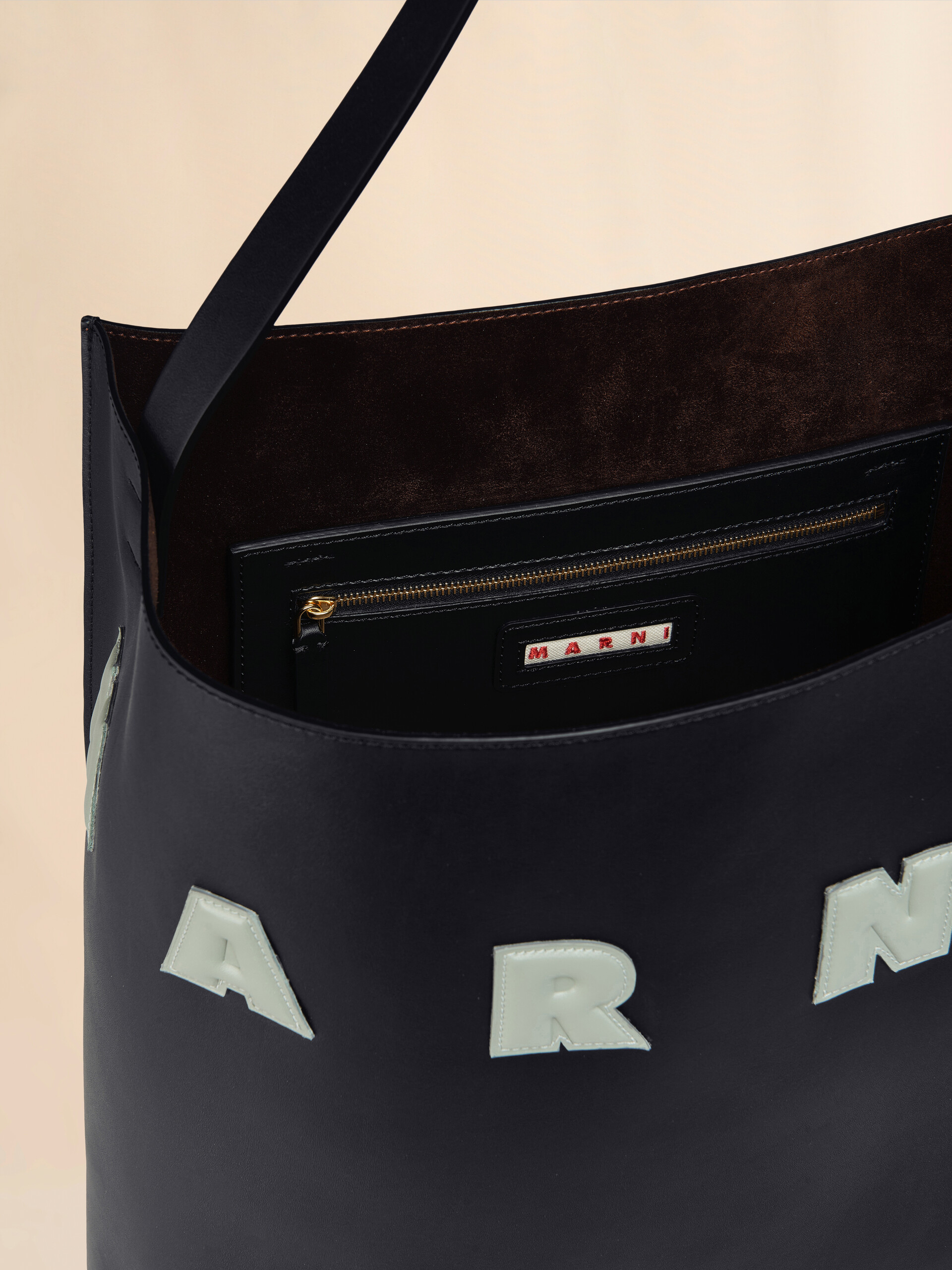 Brown and white leather Museo hobo bag with patches - Shopping Bags - Image 3
