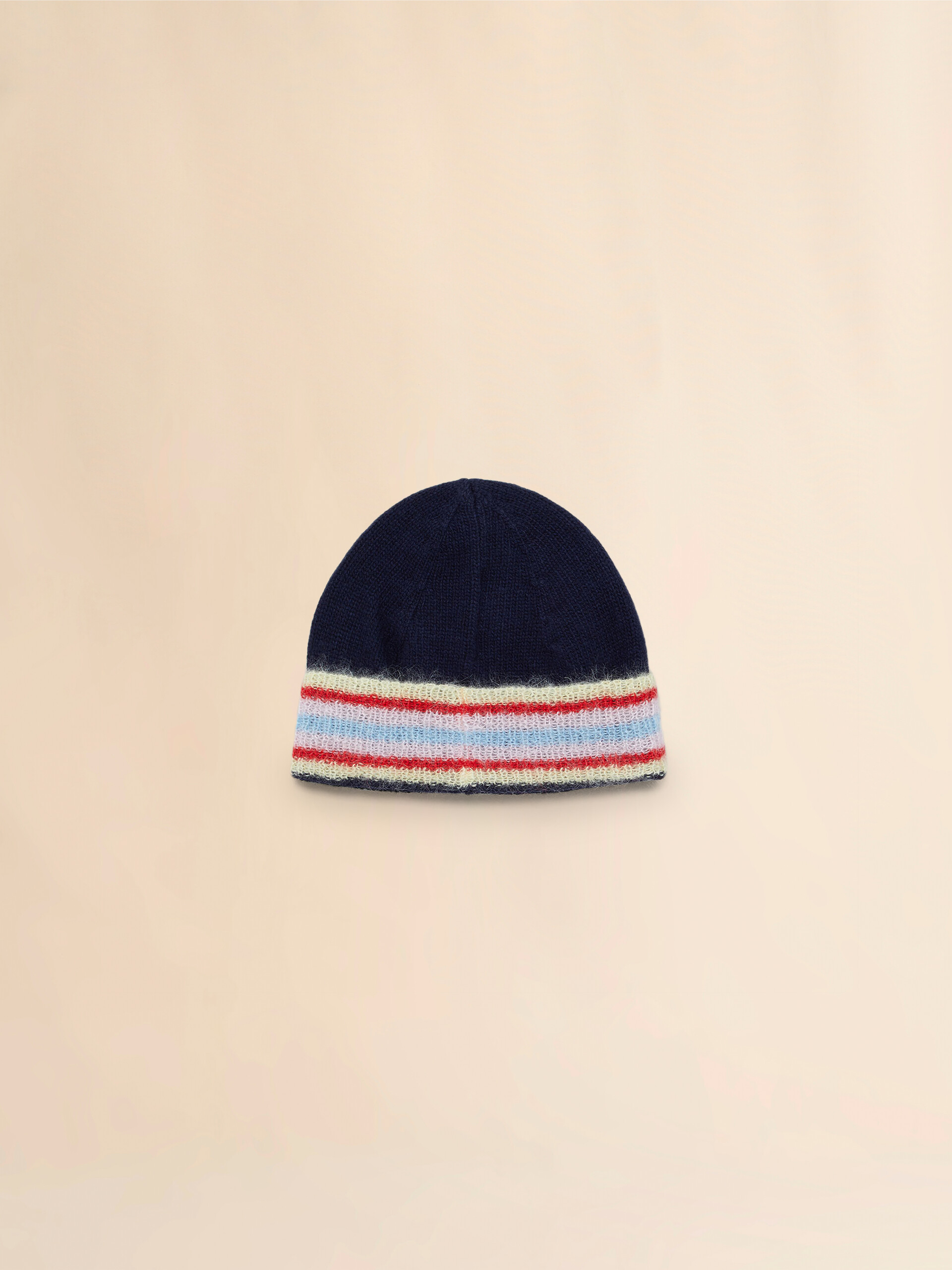 Deep blue wool beanie with striped turn-up - Hats - Image 2