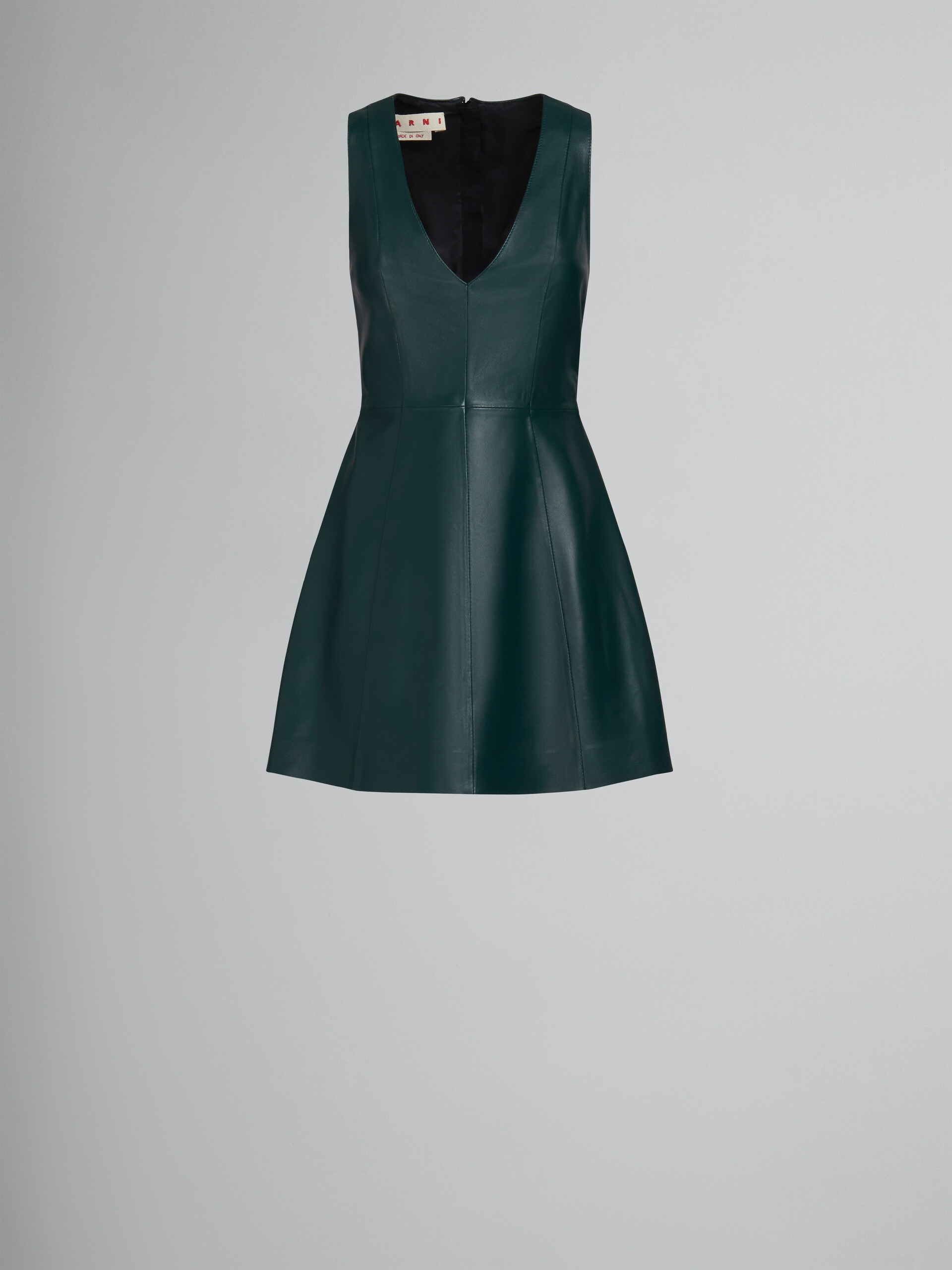 Green leather dress with V-neck - Dresses - Image 1