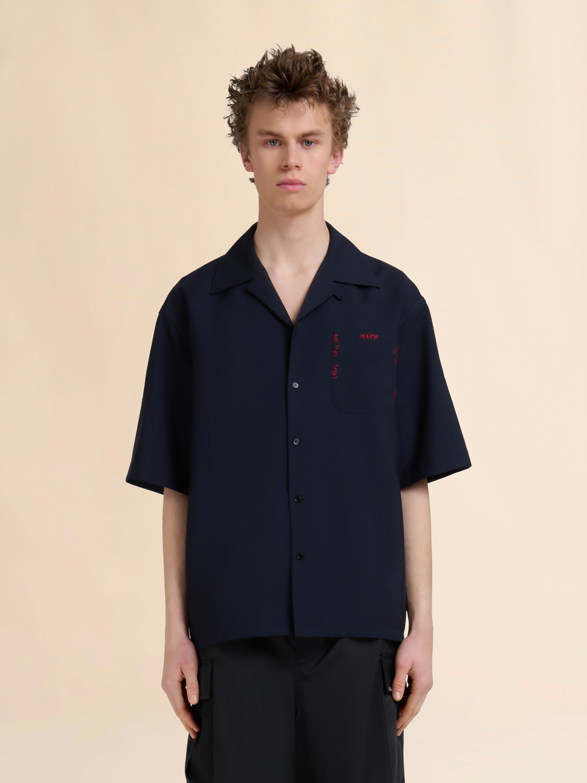 Deep blue tropical wool bowling shirt with Marni Mending - Shirts - Image 2